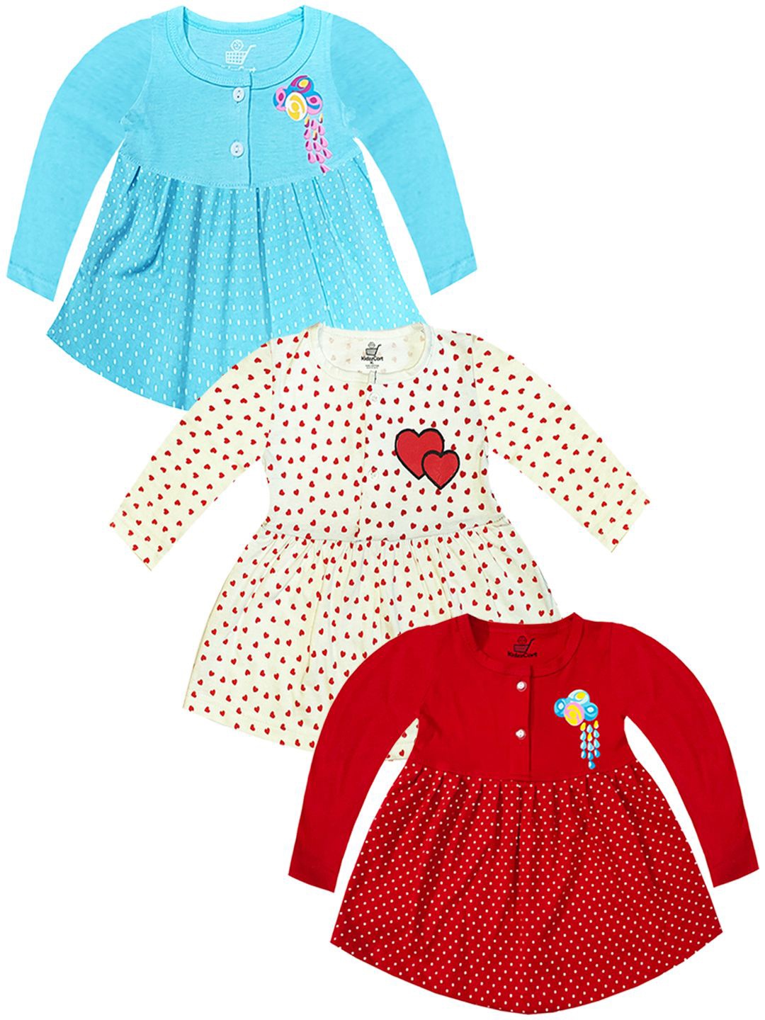 

KidzzCart Girls Pack Of 3 Polka Dot Printed Cotton Fit & Flare Dress, Blue