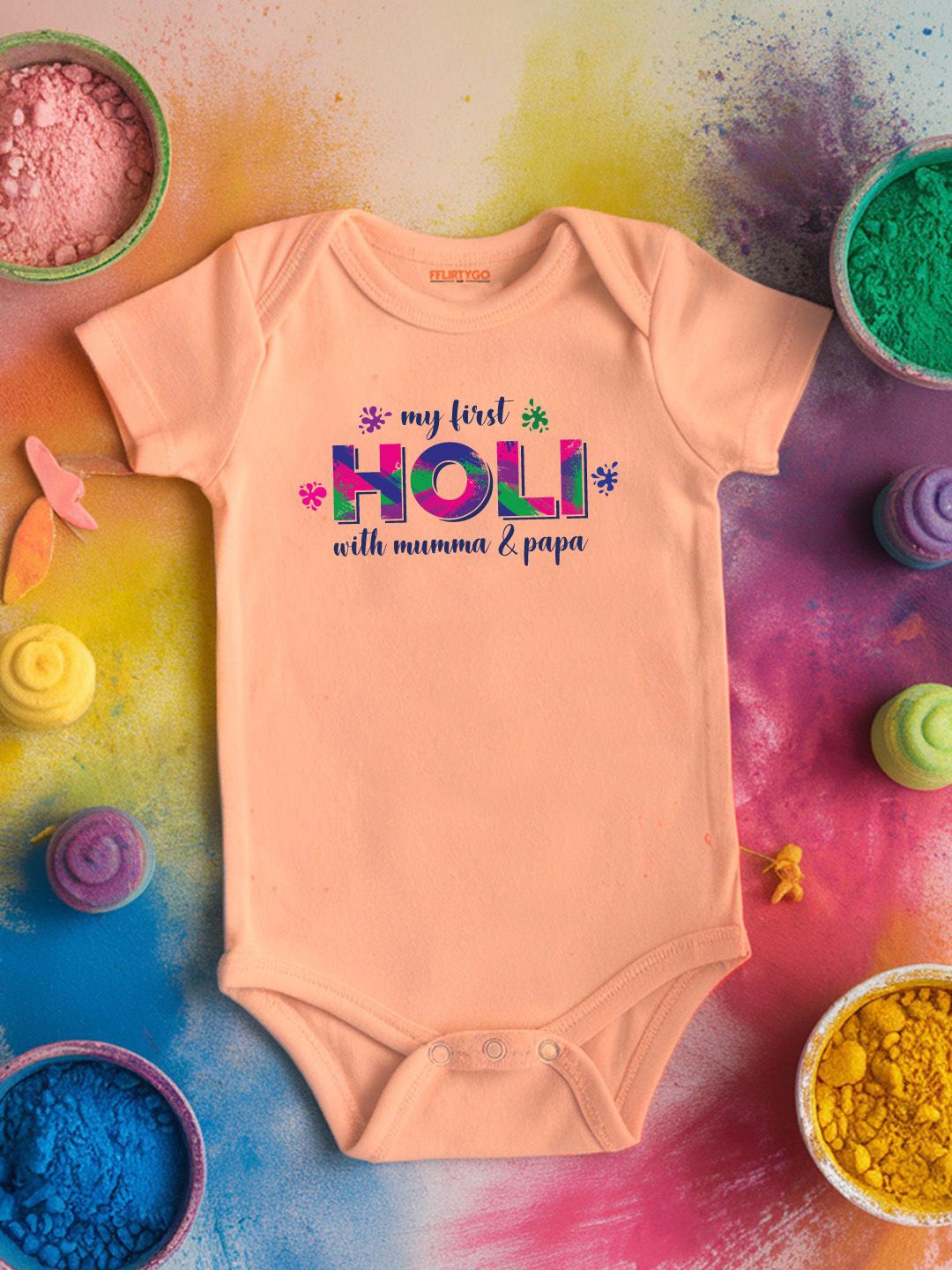 

FFLIRTYGO Infants Holi Printed Cotton Bodysuit, Peach