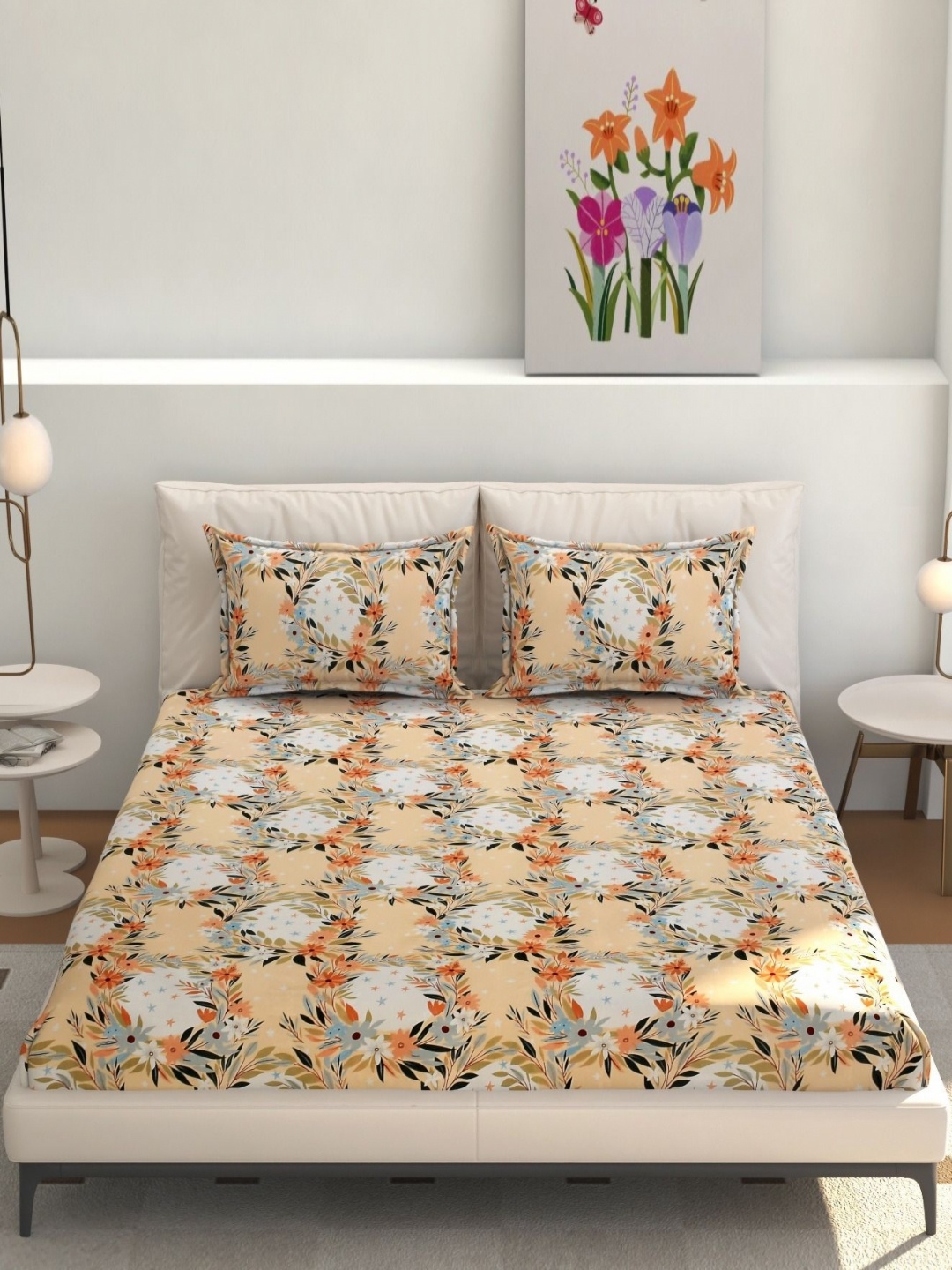 

Jizzby Yellow & White Printed 240 TC Cotton Queen Bedsheet Set 2.28 m x 2.54 m