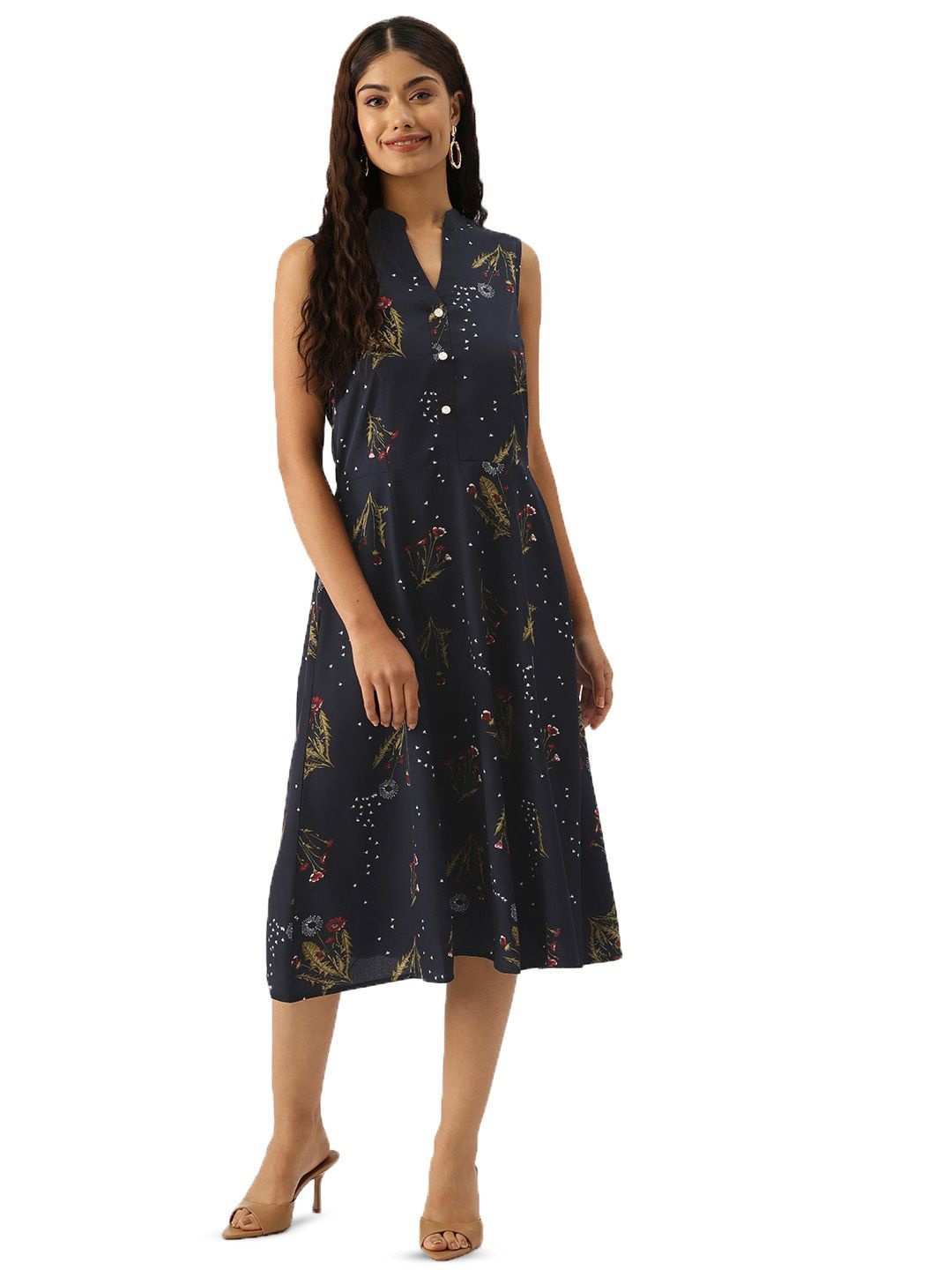 

DressBerry Floral Print Georgette A-Line Midi Dress, Navy blue