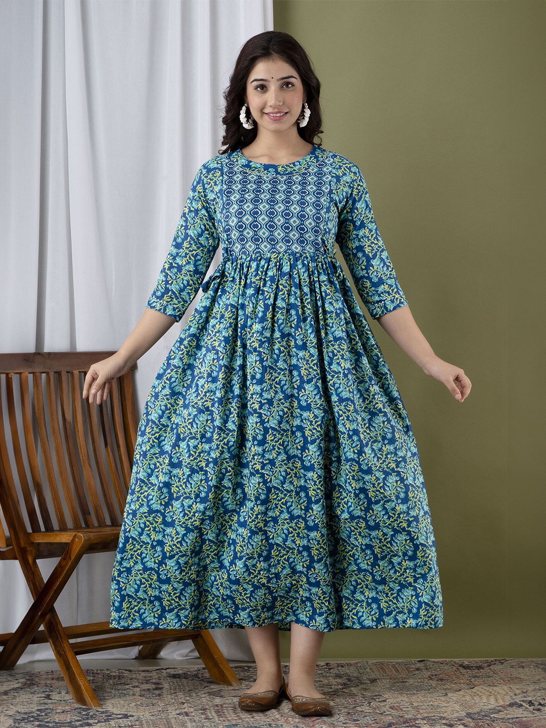 

UrbanRang Women Cotton Floral Printed Maternity Maxi Dress, Blue