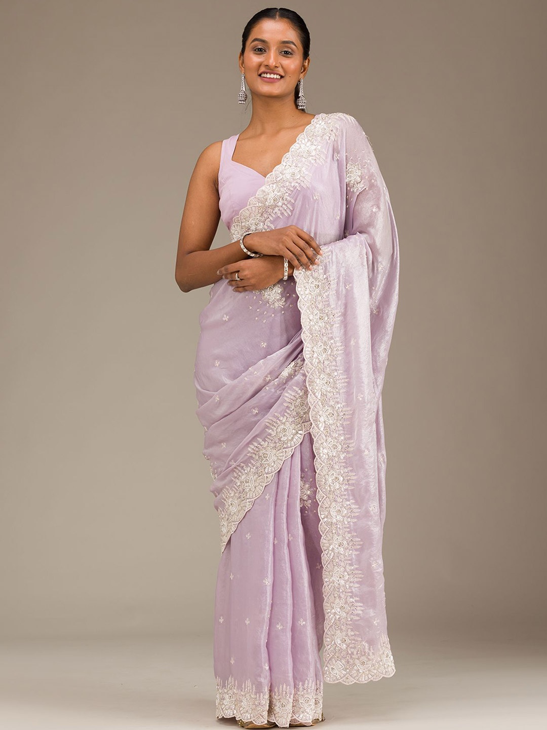 

Koskii Floral Sequinned Embroidered Saree, Lavender