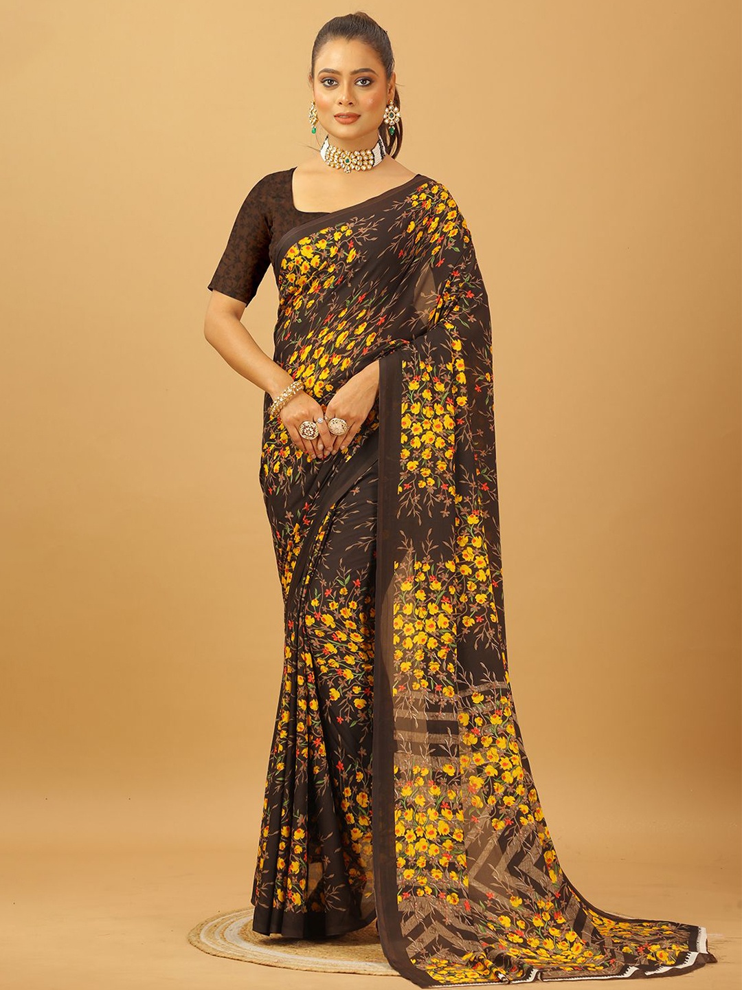 

NIRMAL CREATION Floral Printed Pure Georgette Saree, Coffee brown