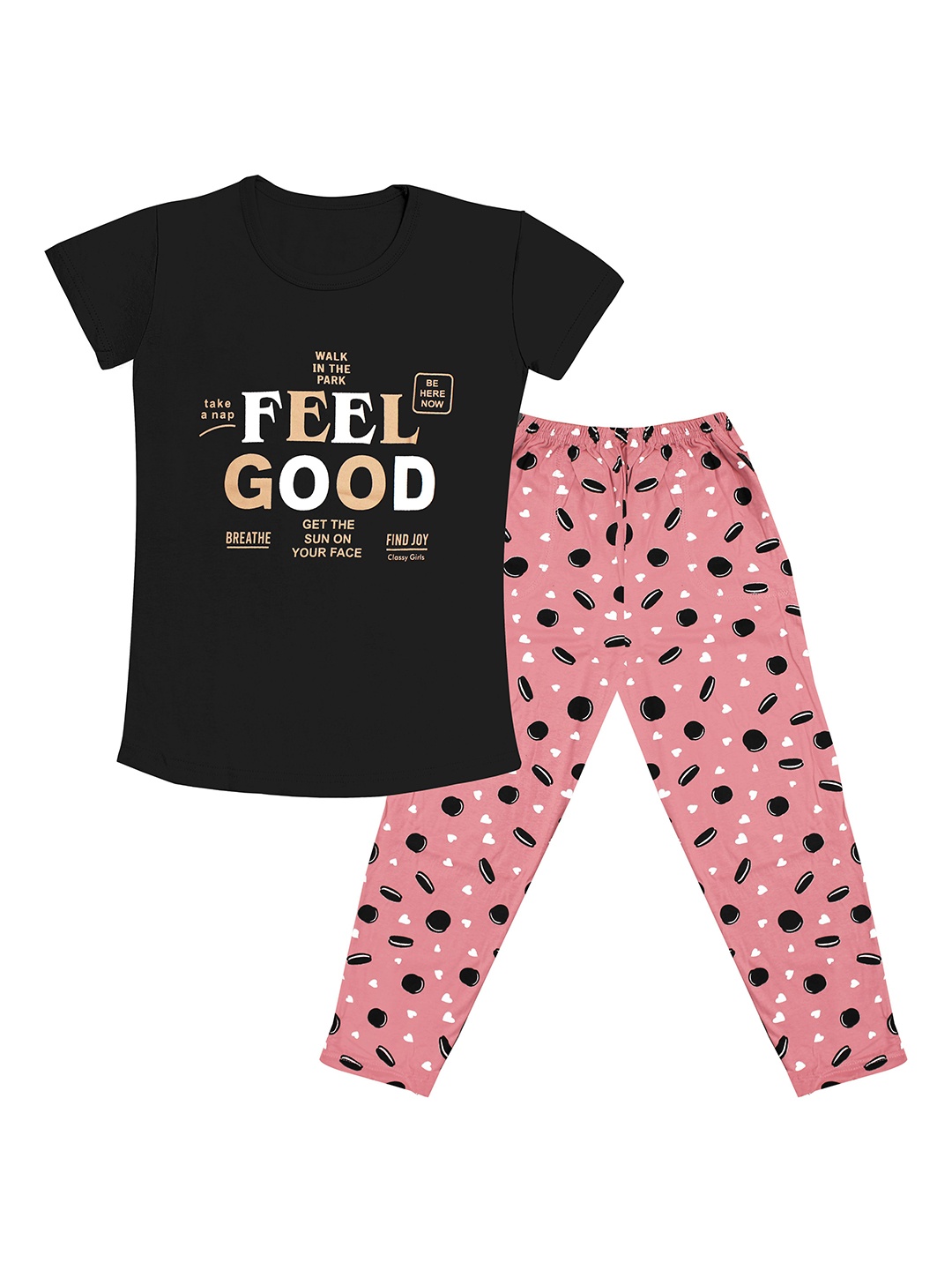 

Tee Weavers Girls Printed Pure Cotton Night suit, Black