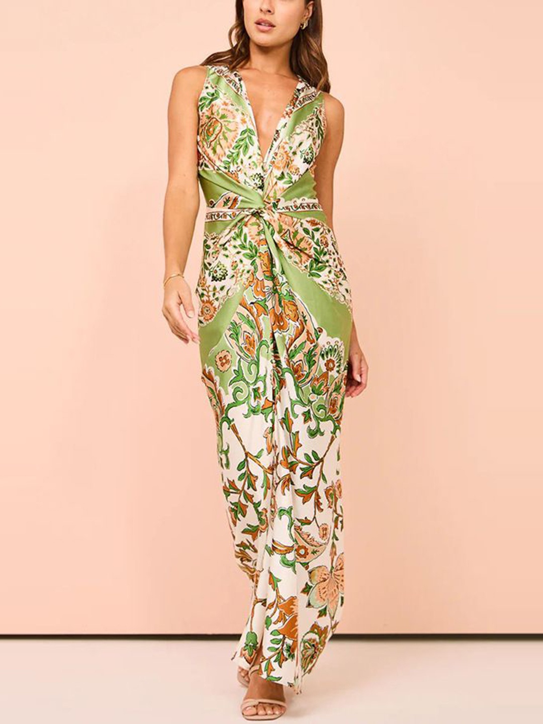 

StyleCast x Revolte Abstract Printed V-Neck Sleeveless Maxi Dress, Green