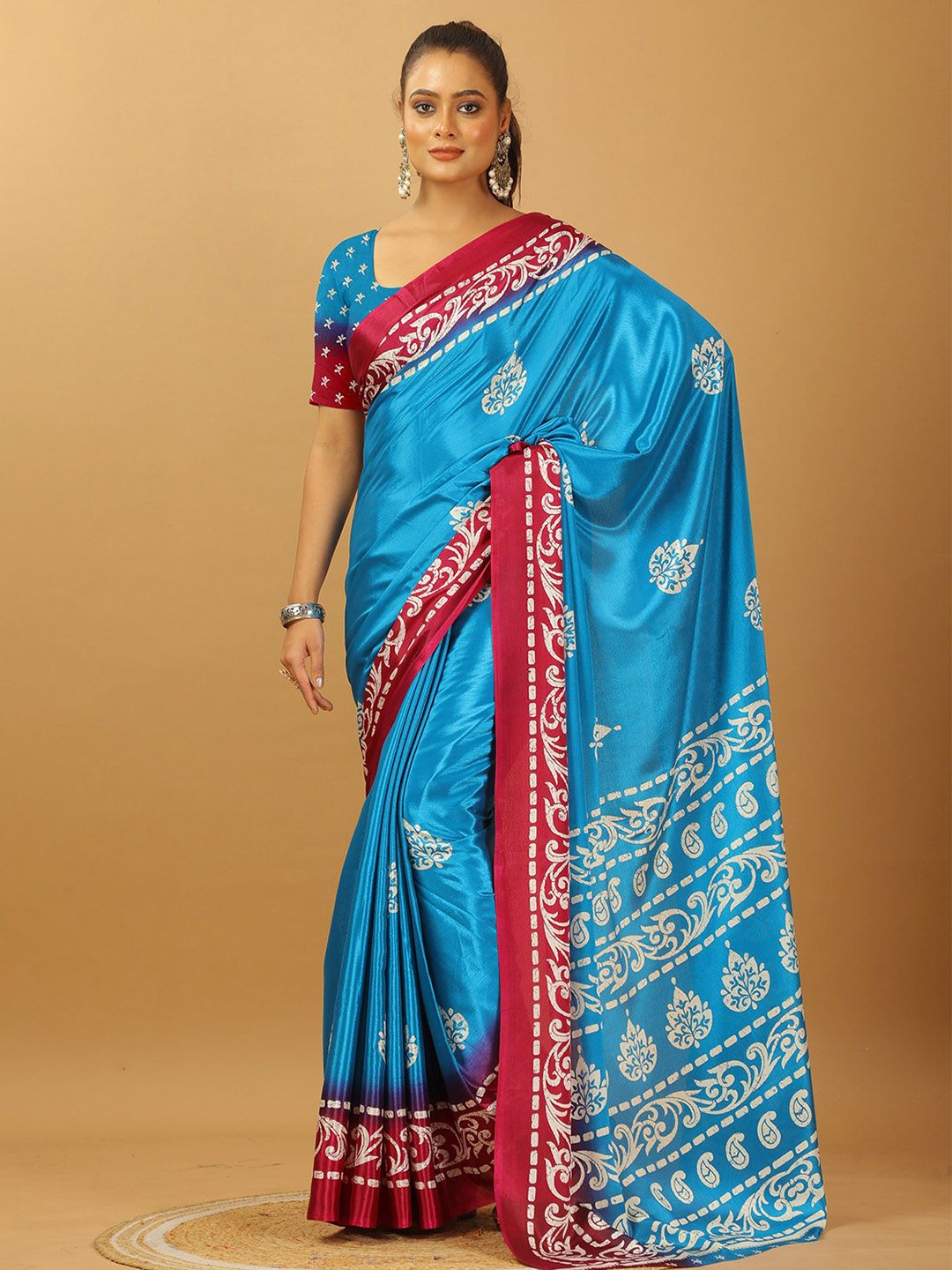 

NIRMAL CREATION Ethnic Motifs Printed Pure Crepe Saree, Turquoise blue