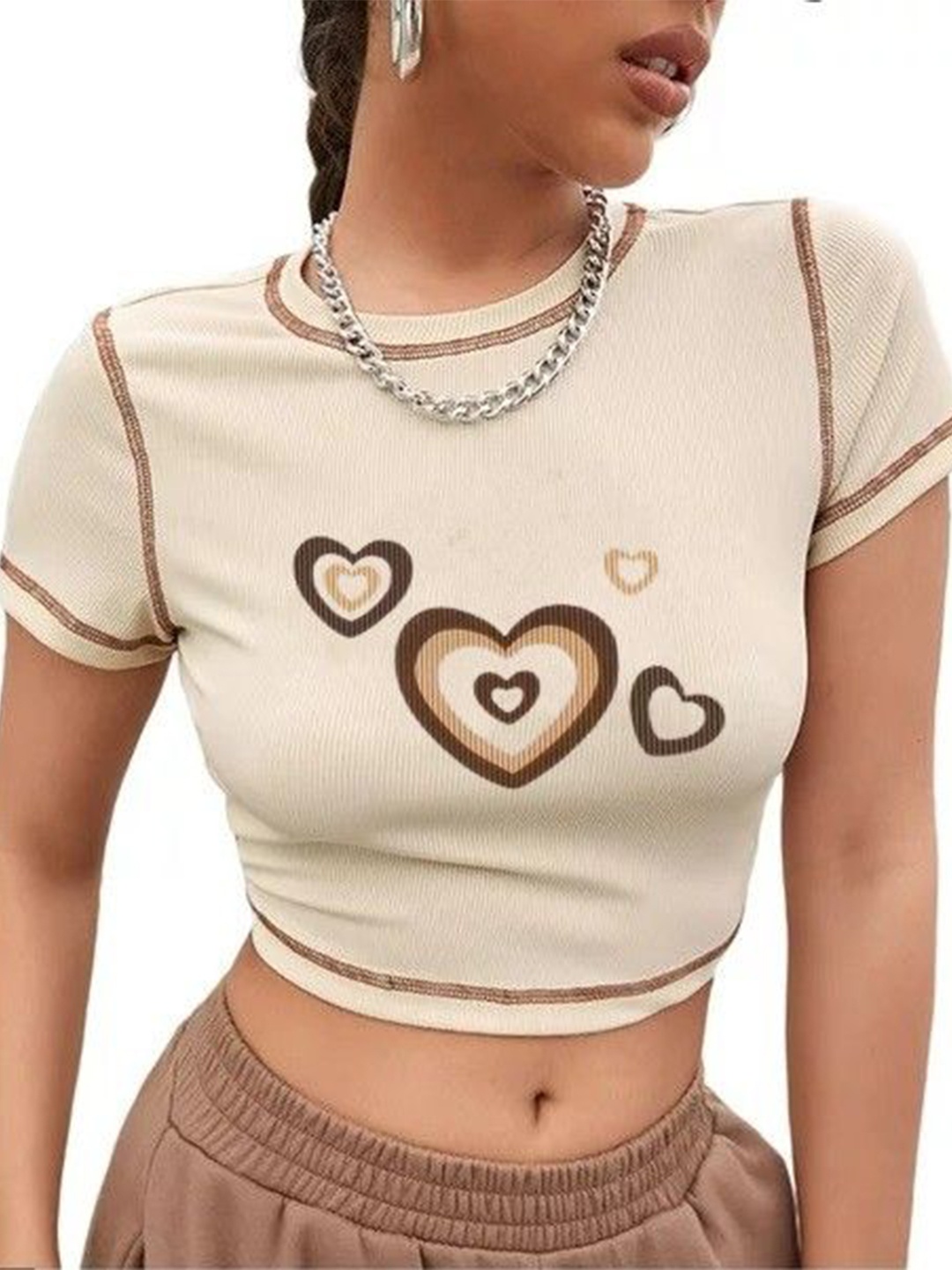 

CLOTHY Women Geometric Printed Fitted Crop Top, Beige