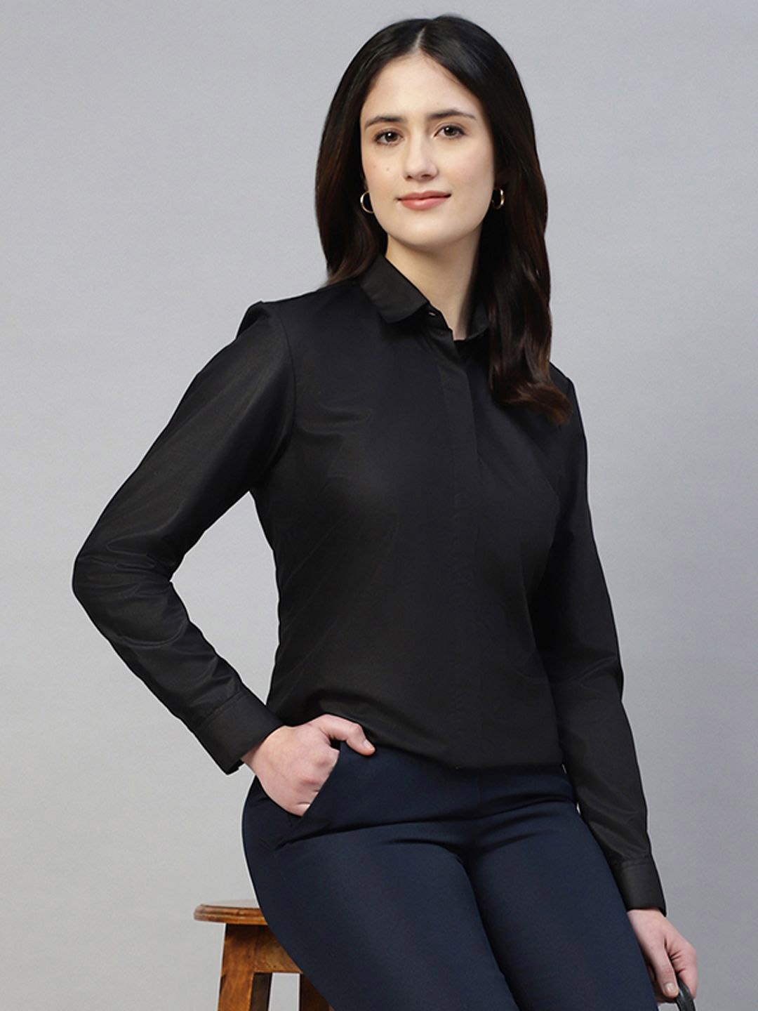 

English Navy Women Smart Boxy Fit Spread Collar Solid Cotton Formal Shirt, Black