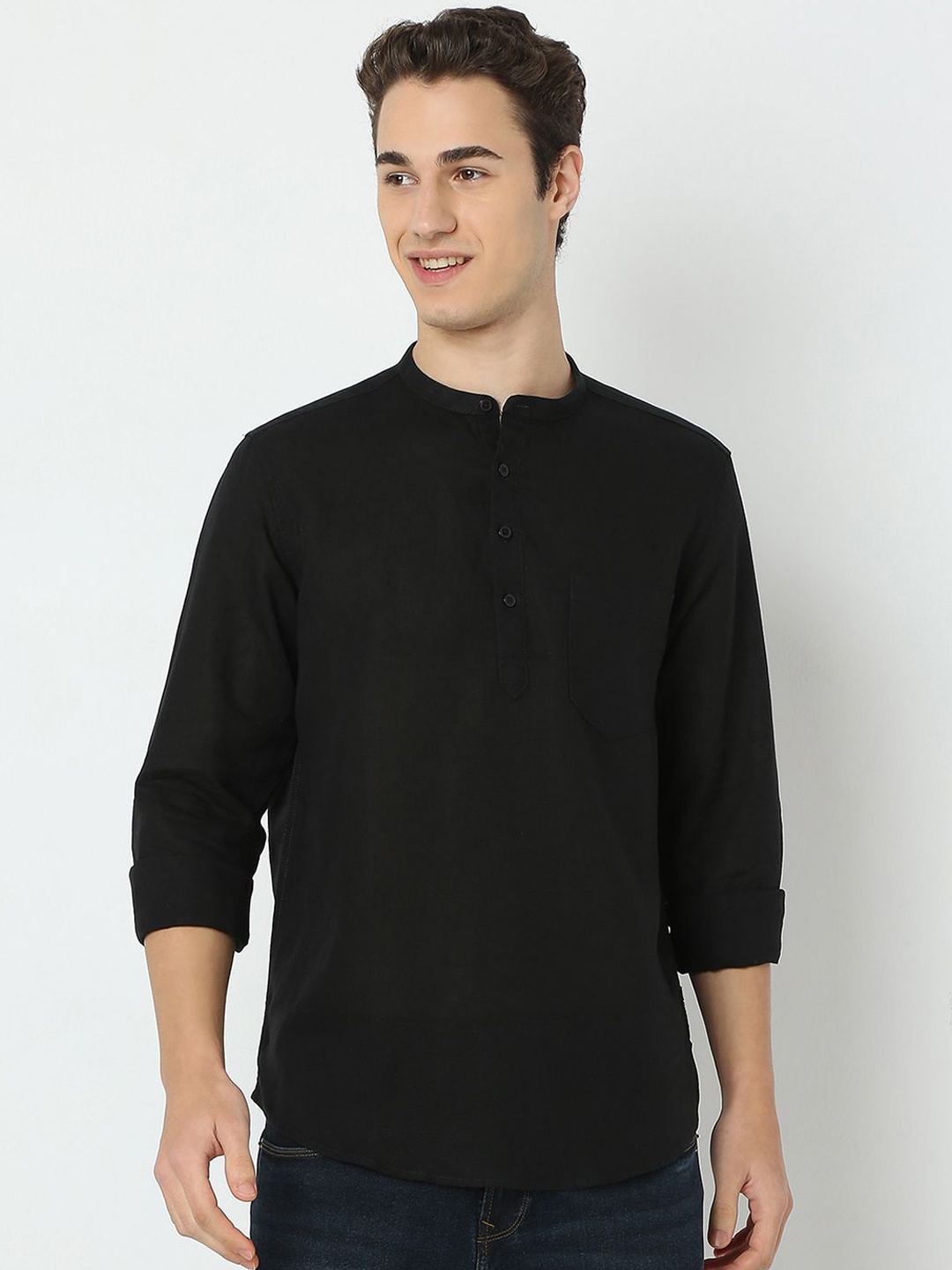 

SPYKAR Band Collar Linen Straight Kurta, Black