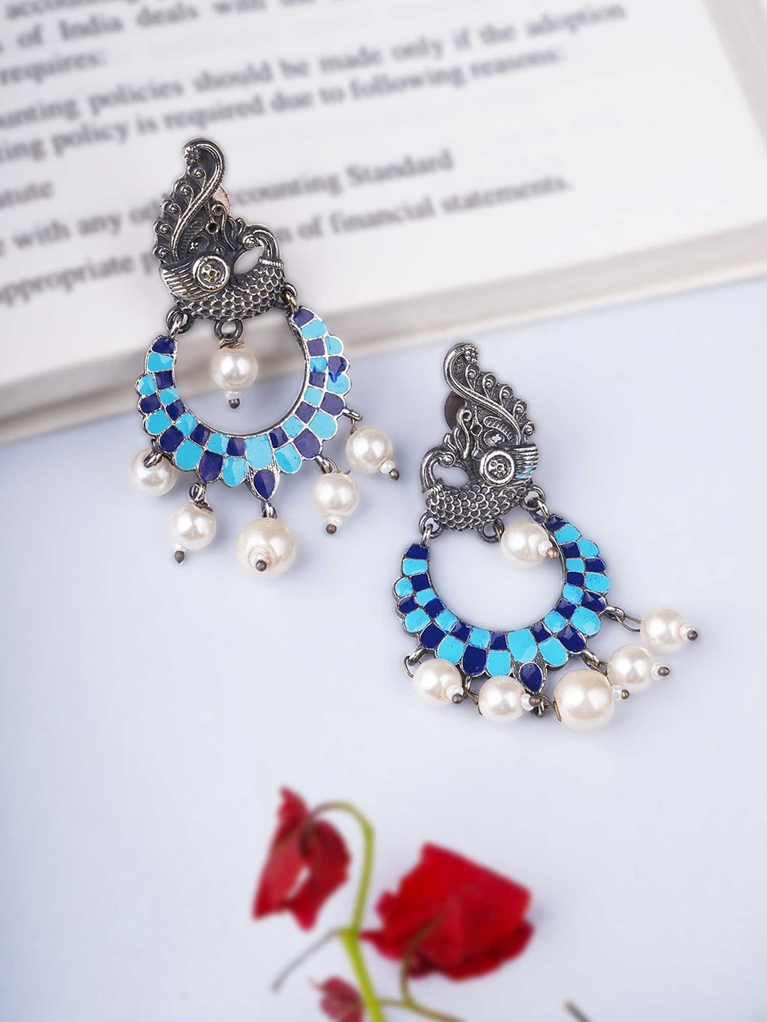 

Sangria Blue Silver-Plated Pearls Beaded Peacock Shaped Oxidised Drop Earrings