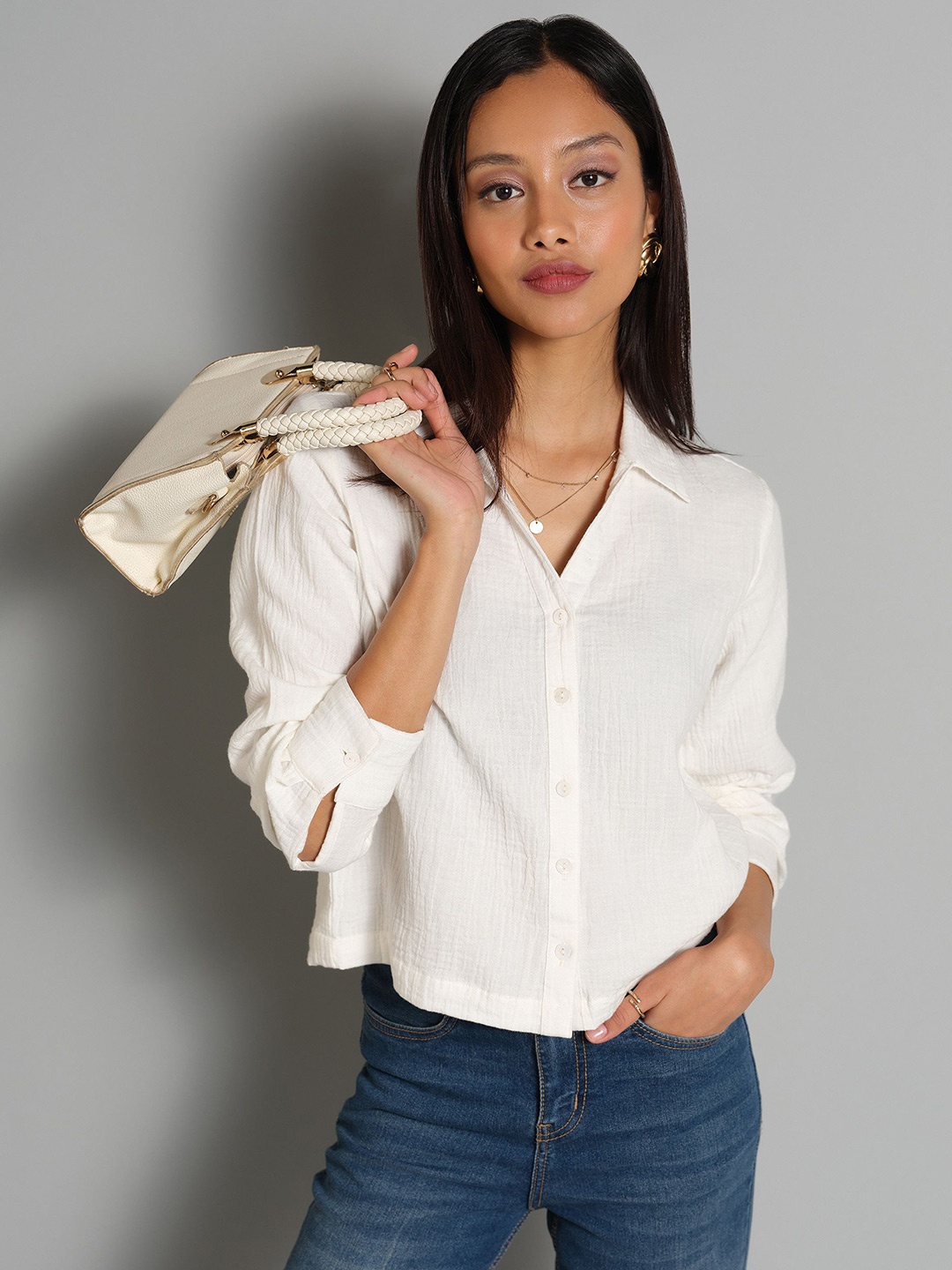 

AND Striped Cotton Shirt Style Top, White