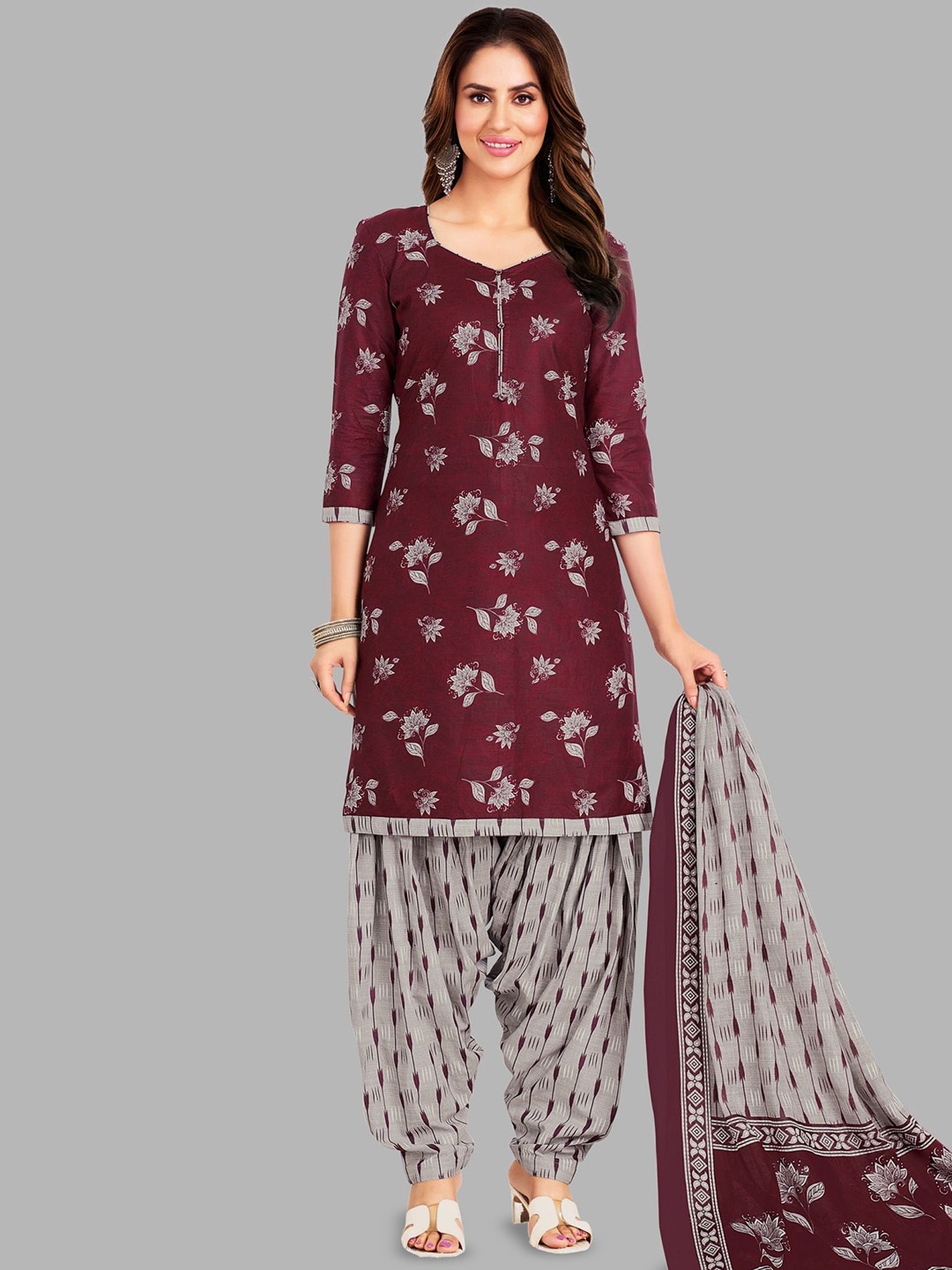 

shree jeenmata collection Floral Printed Pure Cotton Unstitched Dress Material, Maroon