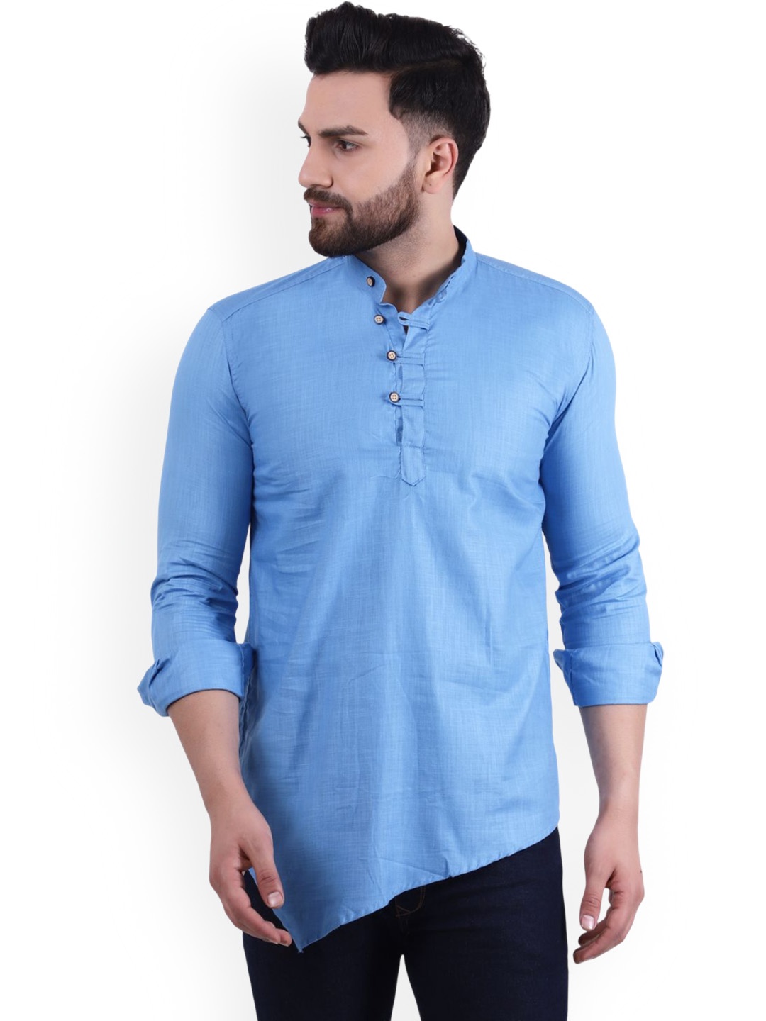 

Moda Rapido Band Collar Pure Cotton Straight Short Kurta, Blue