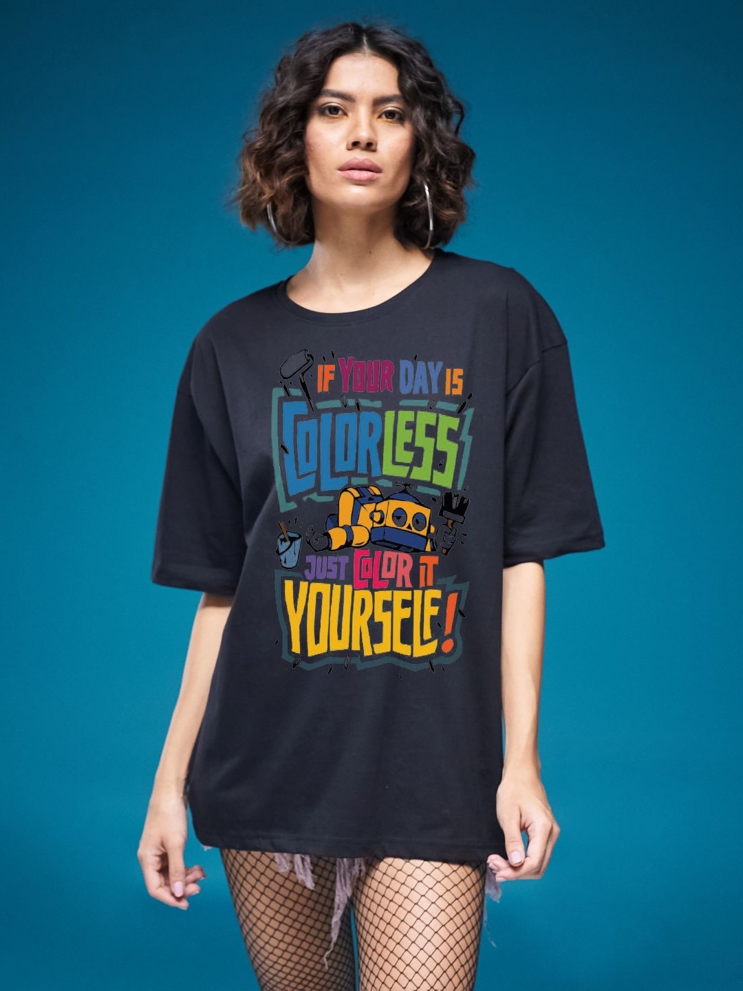 

SMARTEES Women Typography Printed Round Neck Cotton Oversized T-shirt, Black