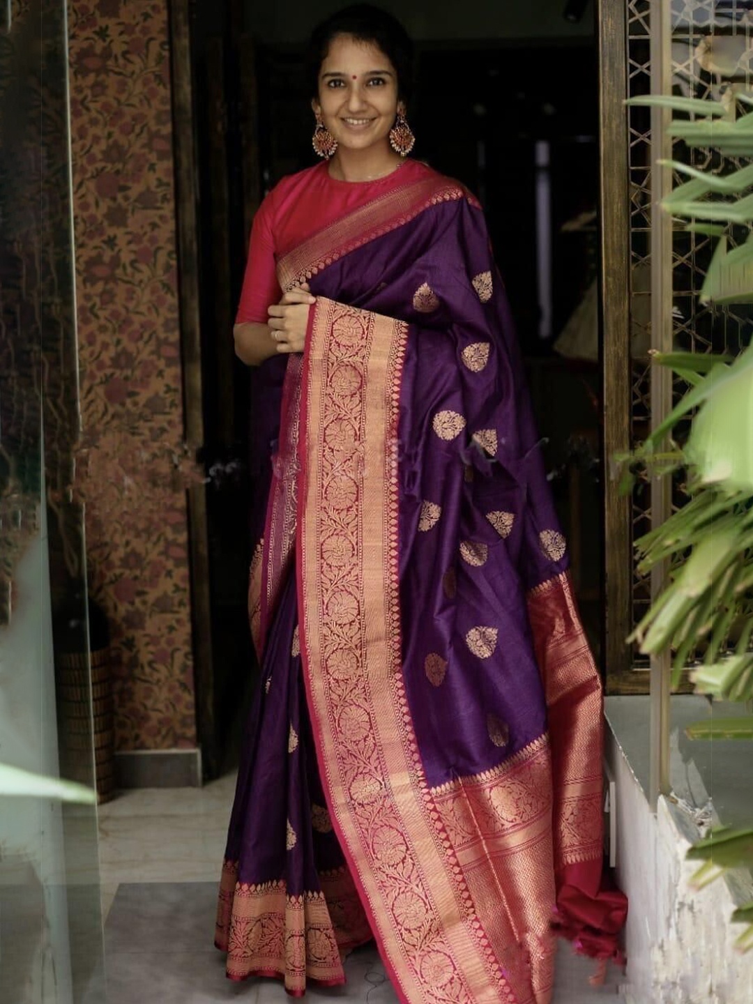 

bansari textiles Woven Design Zari Pure Cotton Kanjeevaram Saree, Purple
