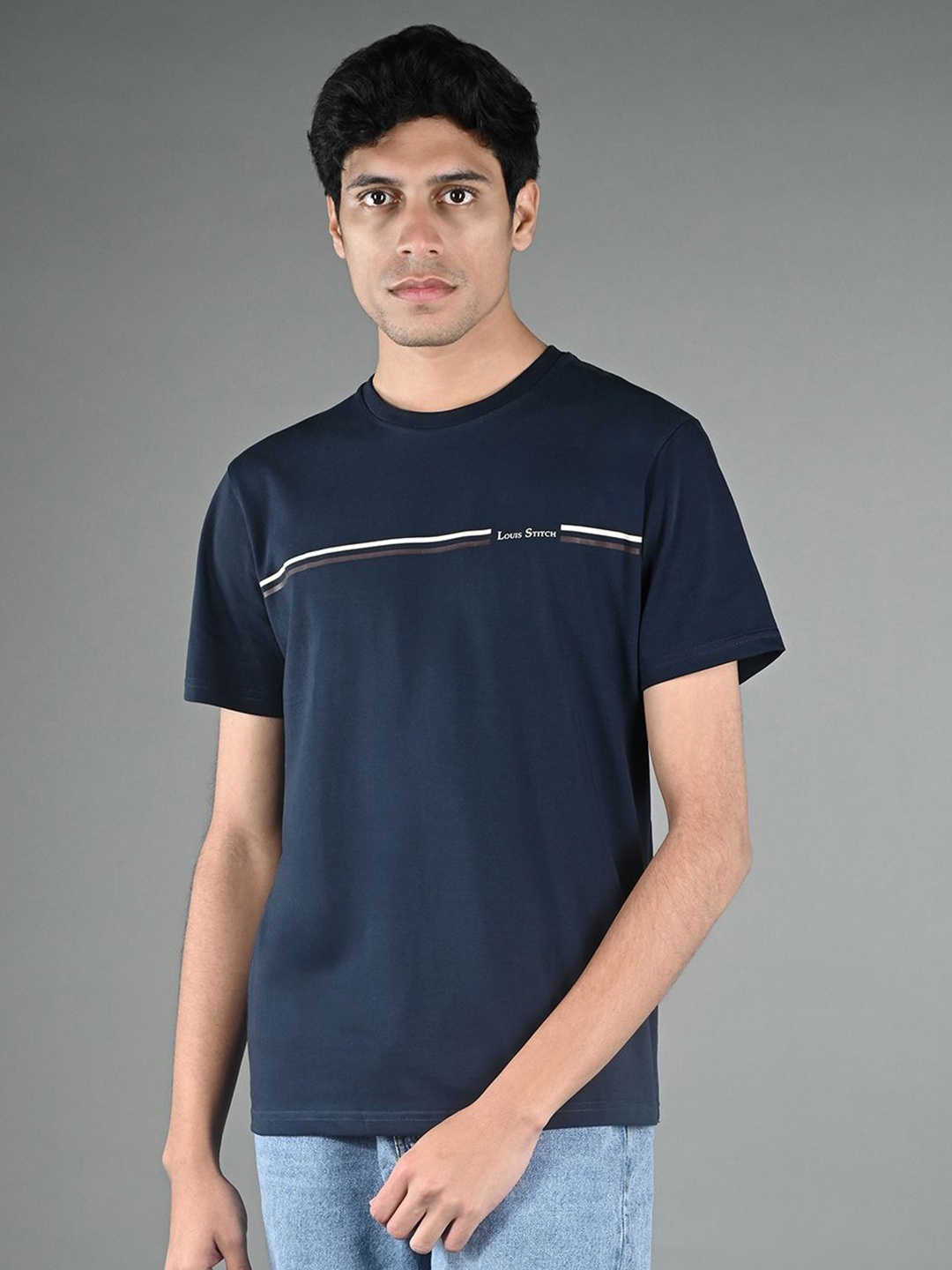 

LOUIS STITCH Men Striped Round Neck Cotton T-shirt, Navy blue