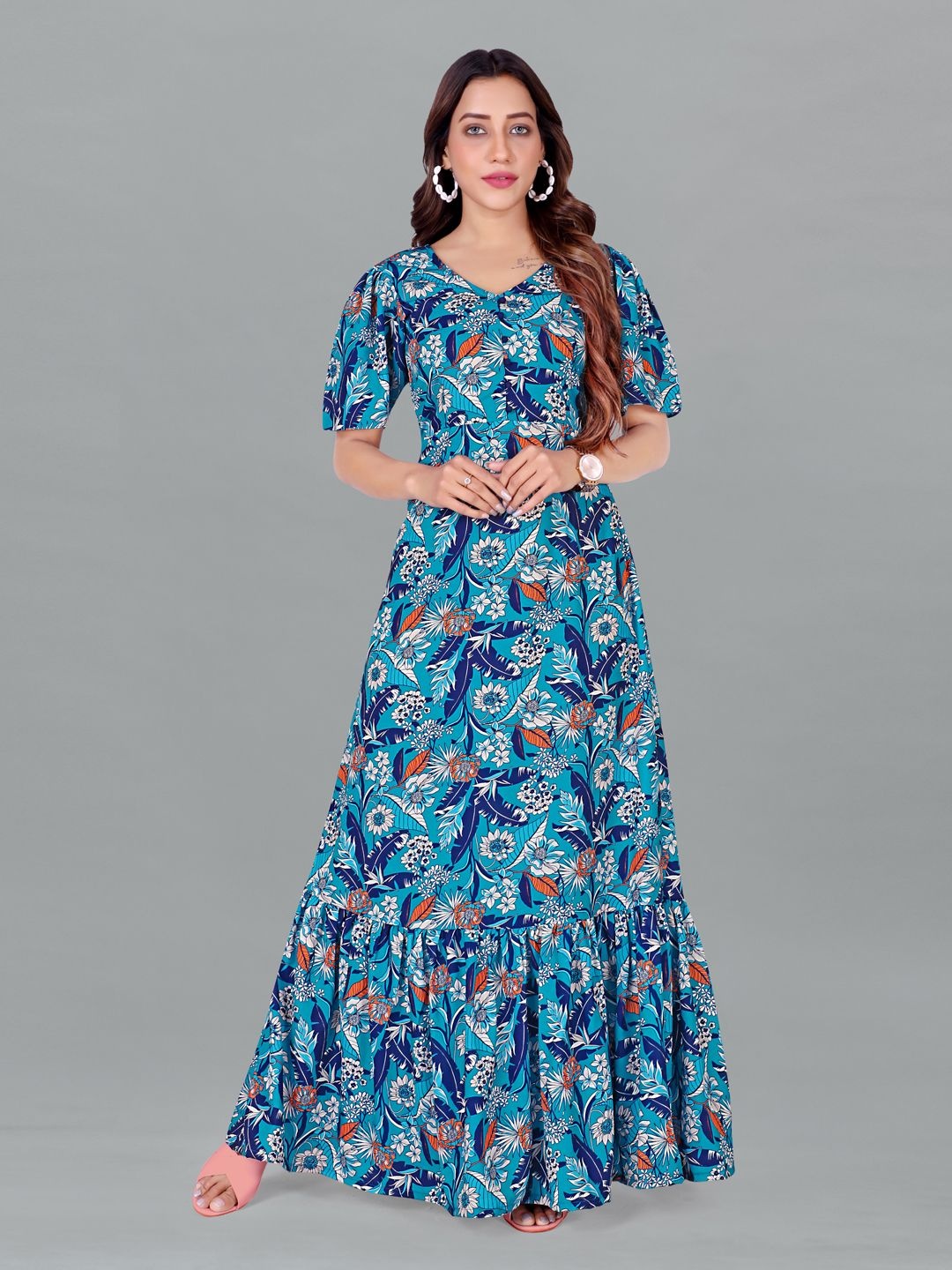 

Moda Rapido Women V-Neck Floral Printed Crepe A-Line Maxi Dress, Blue