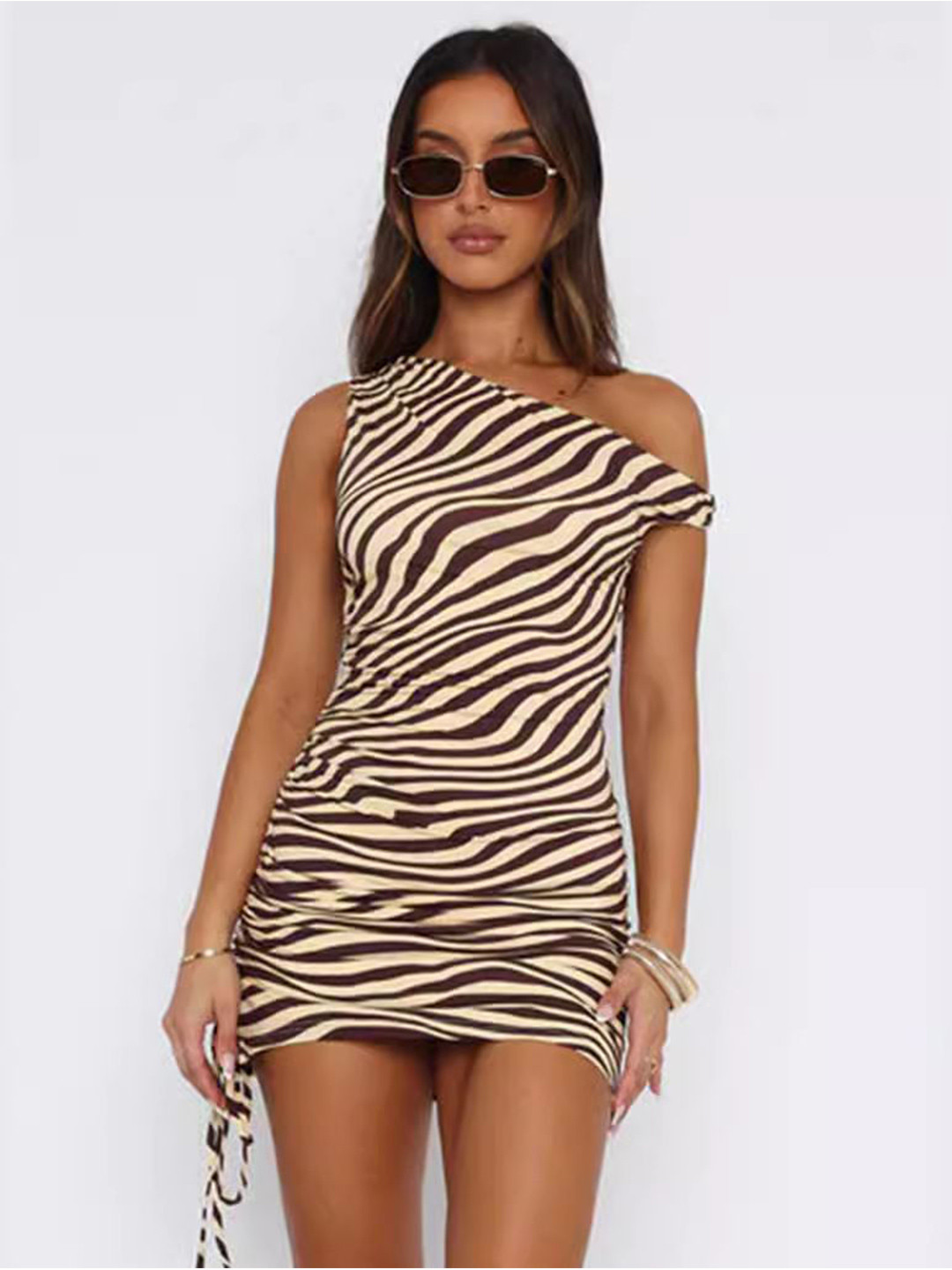 

StyleCast x Revolte Women Animal Printed One Shoulder Bodycon Mini Dress, Brown