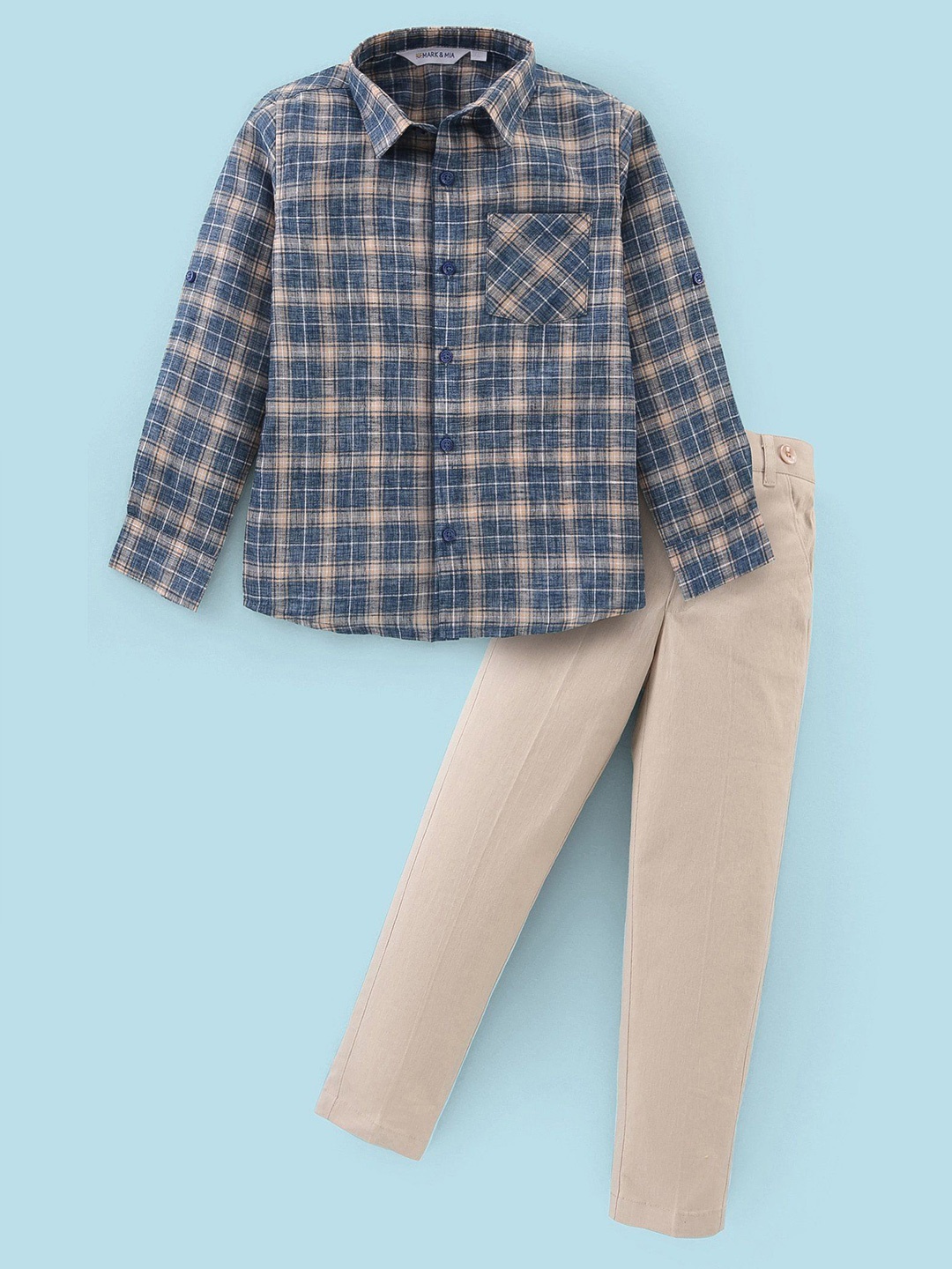 

Mark & Mia Boys Checked Long Sleeves Shirt With Trousers And Suspender, Navy blue