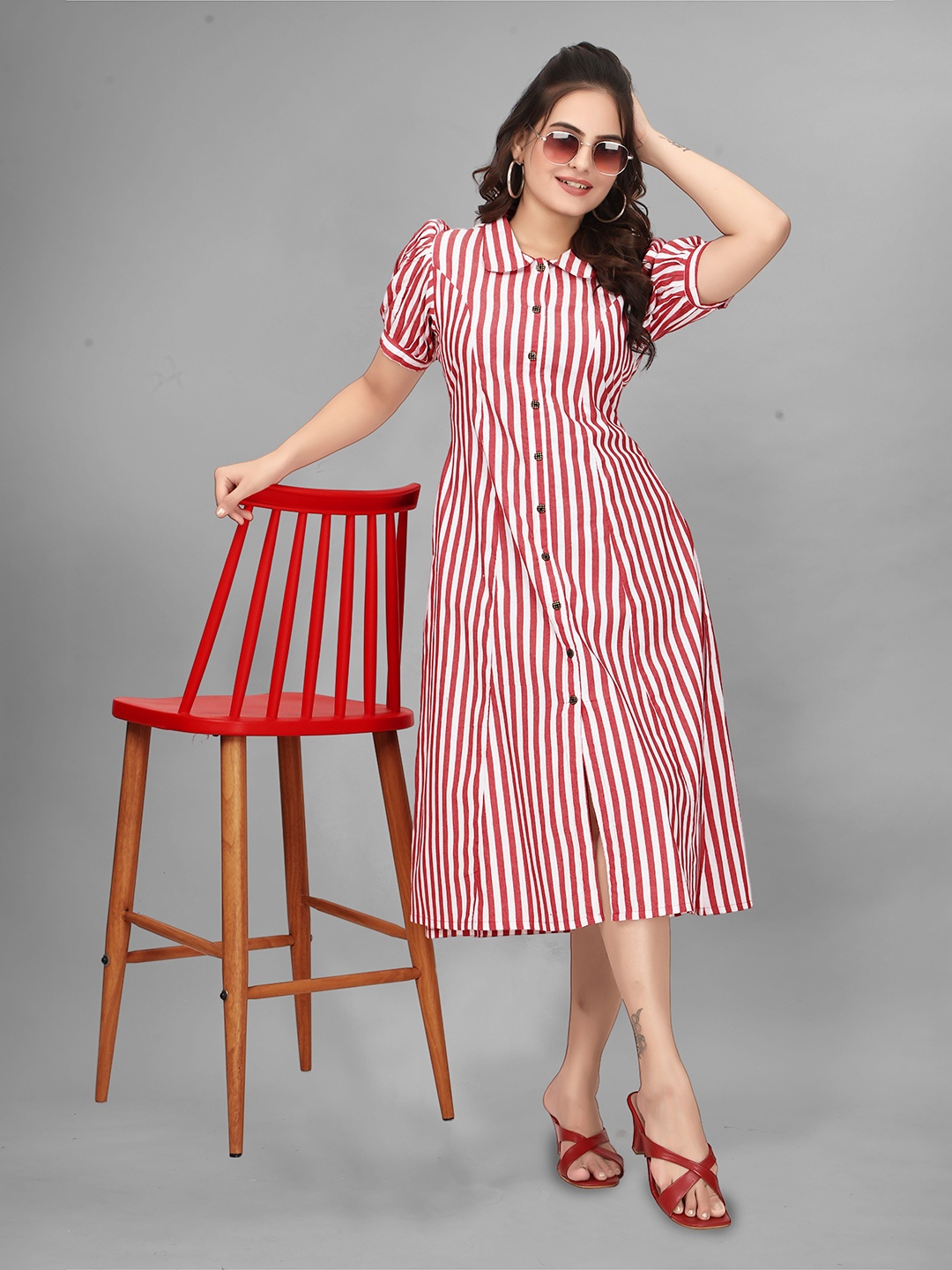 

QENA Striped Puff Sleeve Cotton A-Line Midi Dress, Red