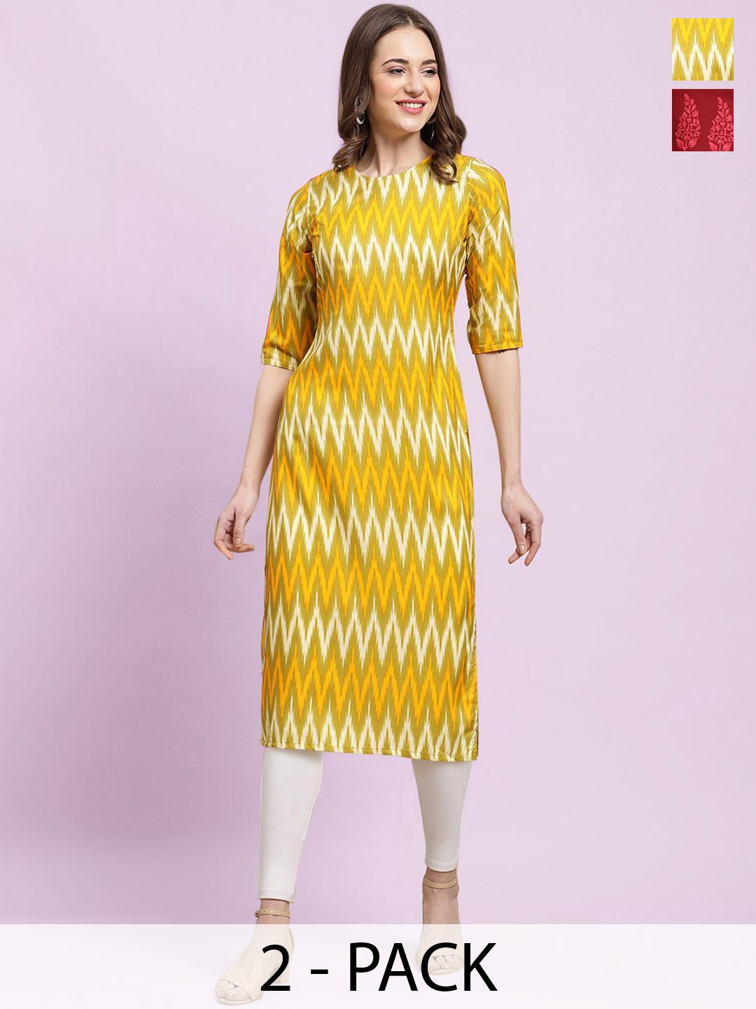 

Moda Rapido Selection Of 2 Chevron Printed Round Neck Straight Kurtas, Green