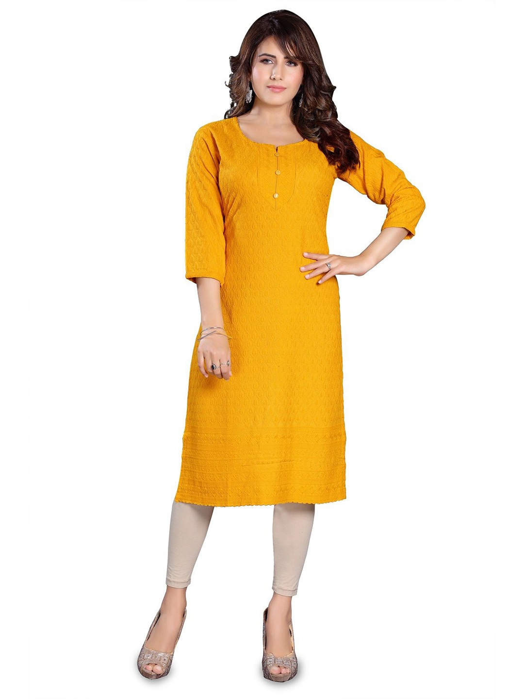 

DREAM & DZIRE Embroidered Cotton Straight Kurtas, Yellow