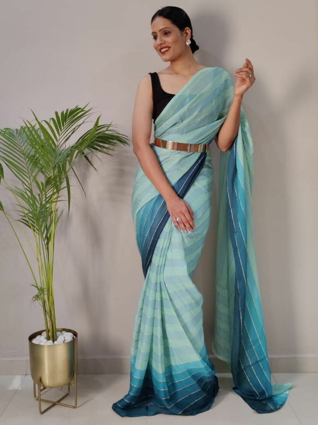 

bansari textiles Striped Kota Saree with Blouse Piece, Blue