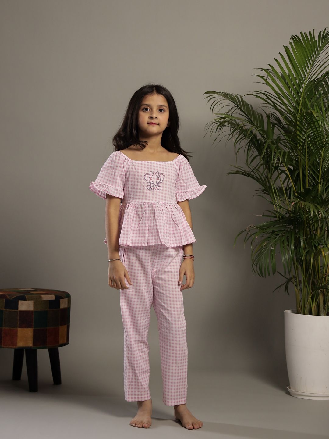 

SANSKRUTIHOMES Checked Embroidered Detail Square Neck Cotton Night Suit, Lavender