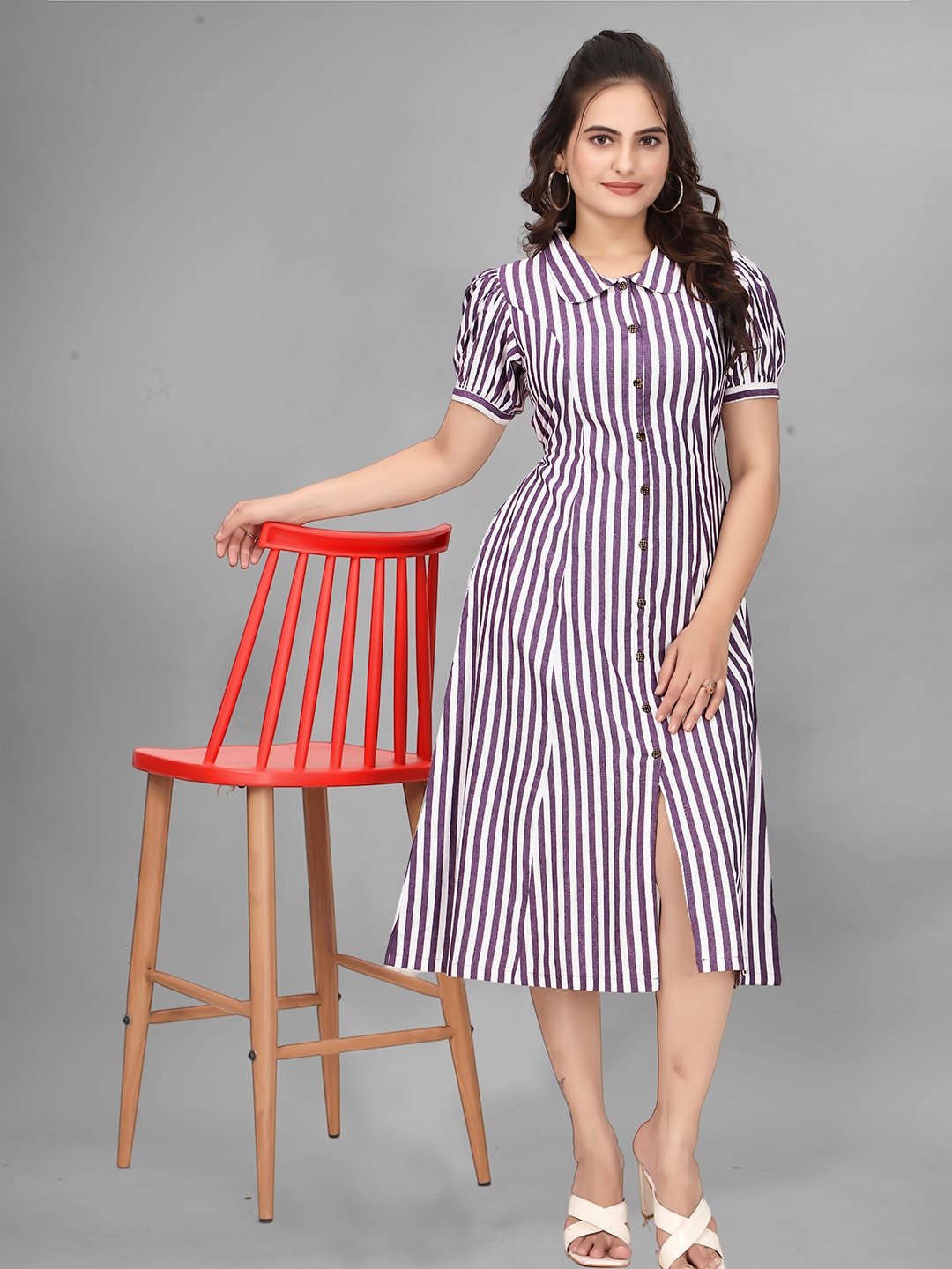 

QENA Women Striped Cotton A-Line Midi Dress, Purple