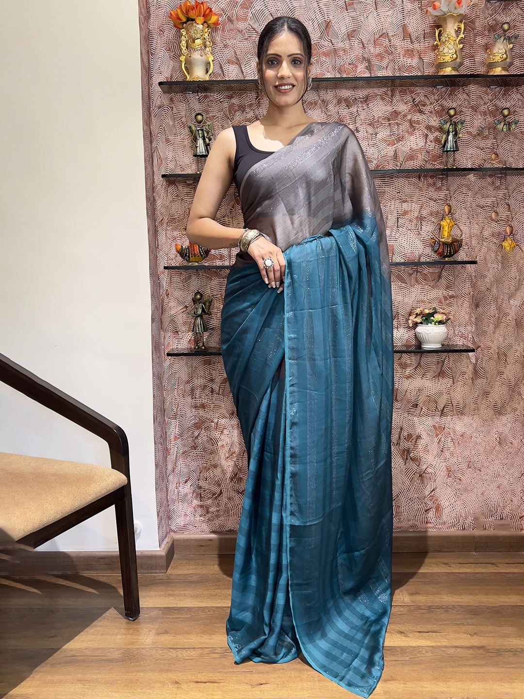 

bansari textiles Striped Kota Saree, Blue