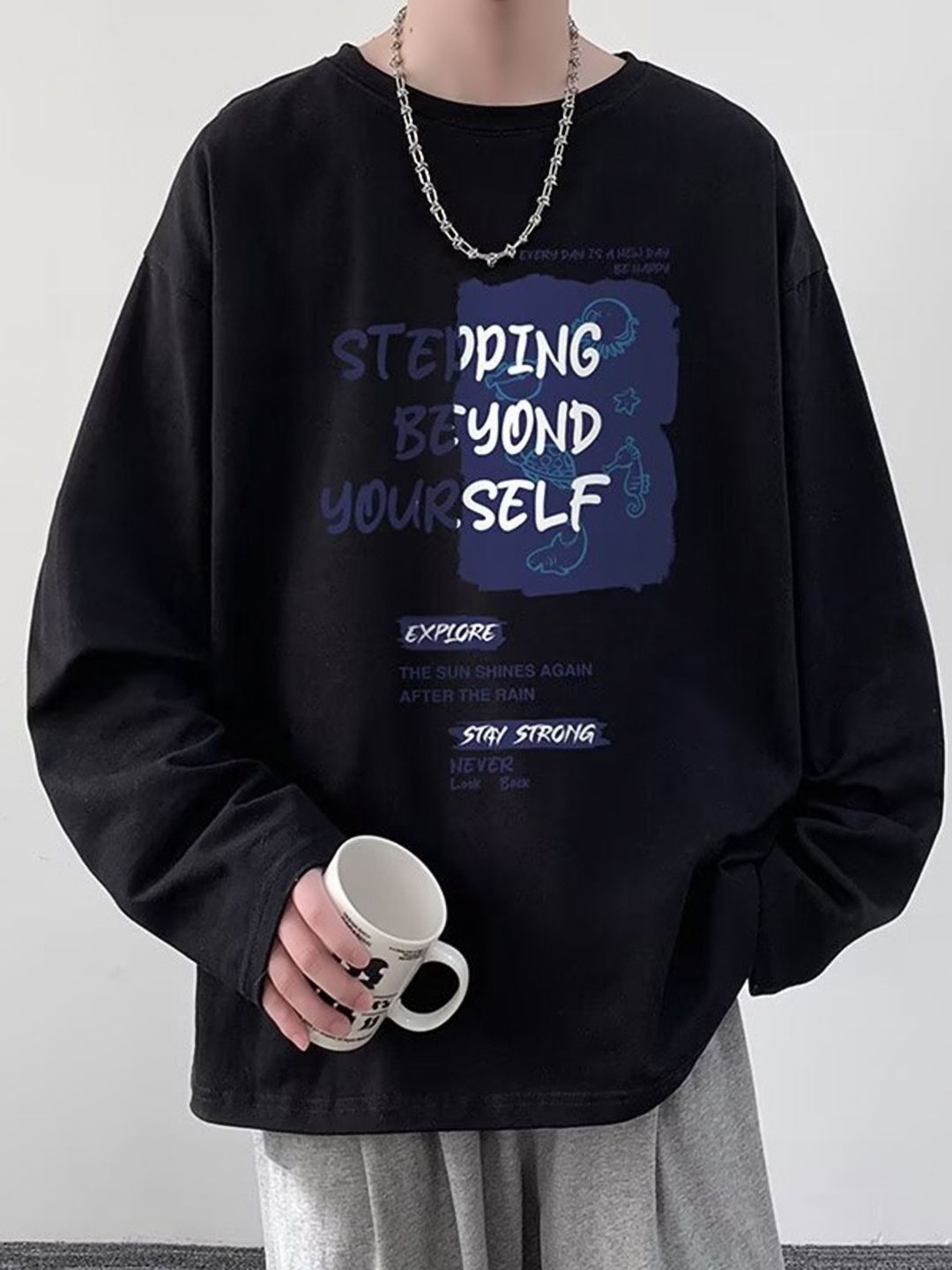 

HERE&NOW Men Typography Printed Round Neck Oversized T-shirt, Black