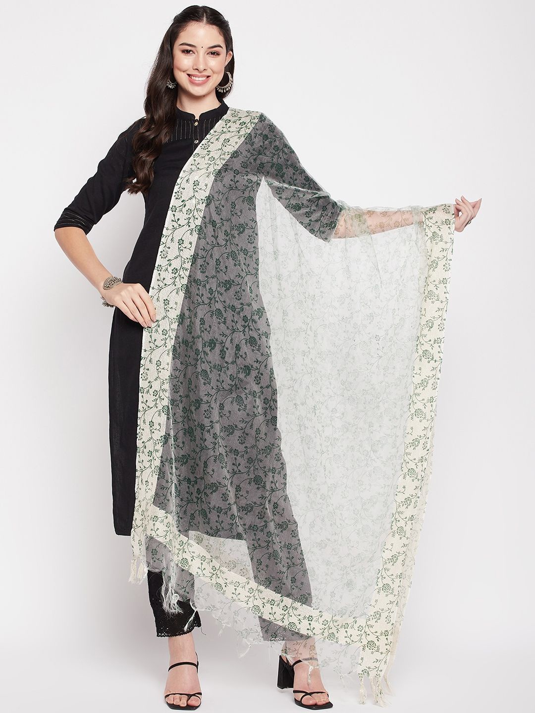 

Clora Creation Floral Printed Organza Dupatta, Green