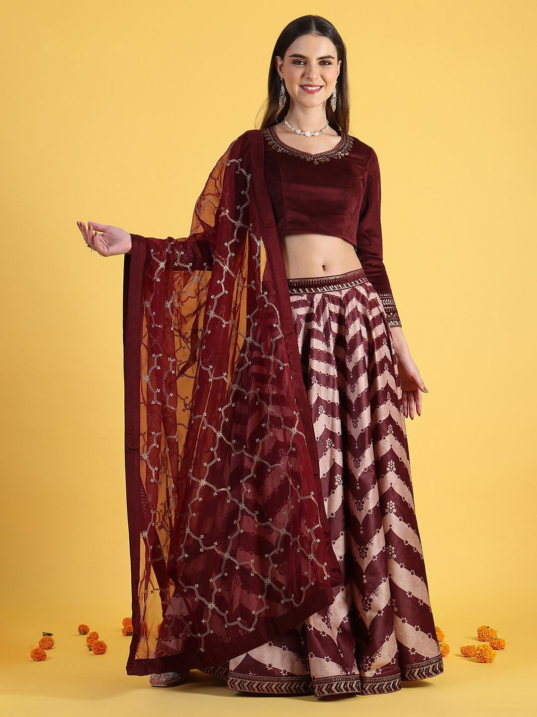 

W V-Neck Sequinned Ready to Wear Lehenga & Blouse With Dupatta, Maroon