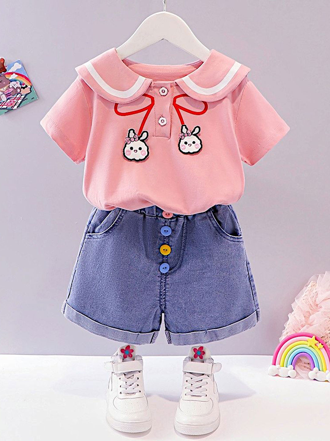 

BAESD Girls Printed T-shirt with Shorts, Pink
