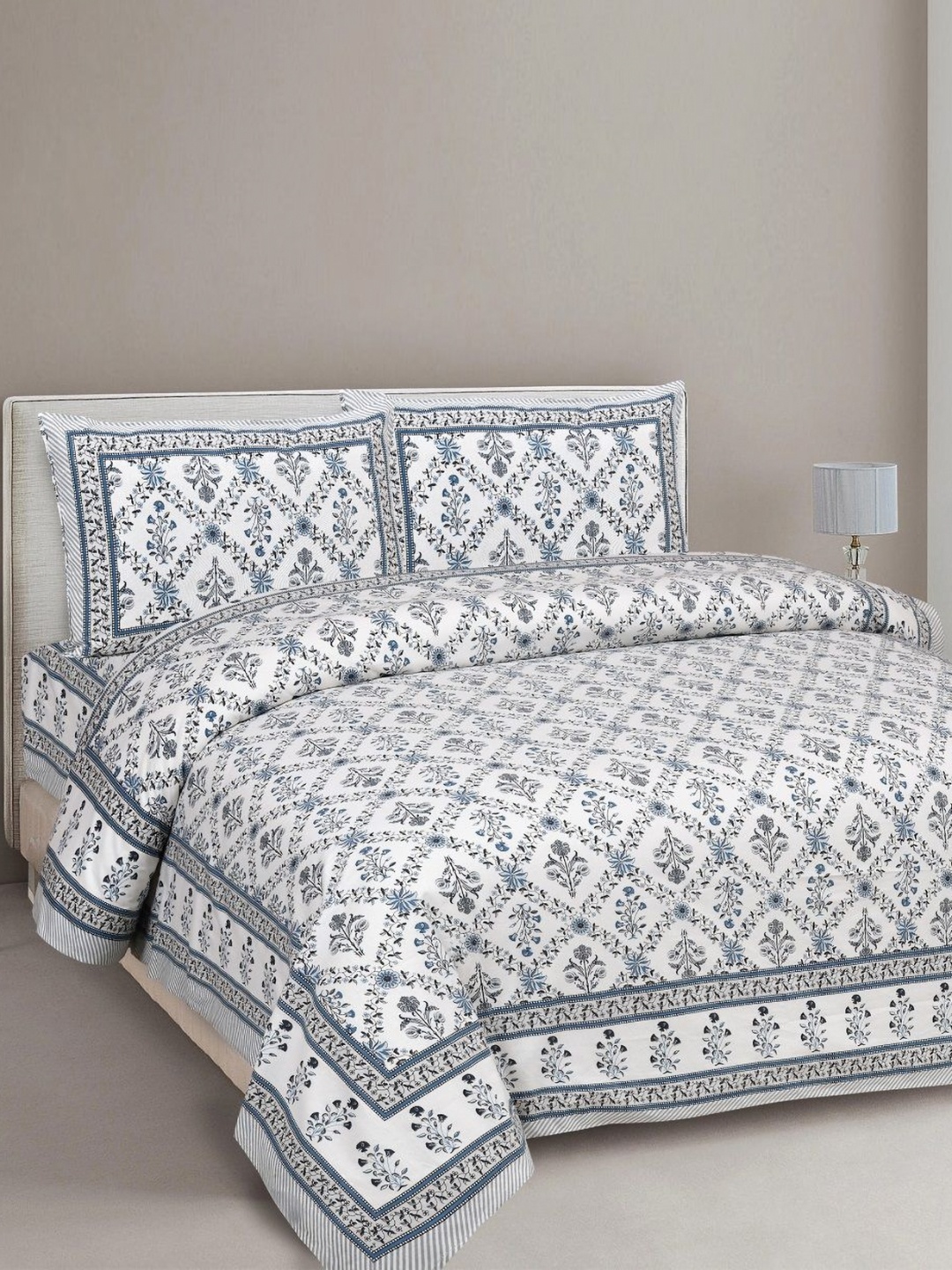 

INDHOME LIFE White & Blue Floral Printed 220 TC Cotton King Bedsheet Set 2.28 m x 2.74 m
