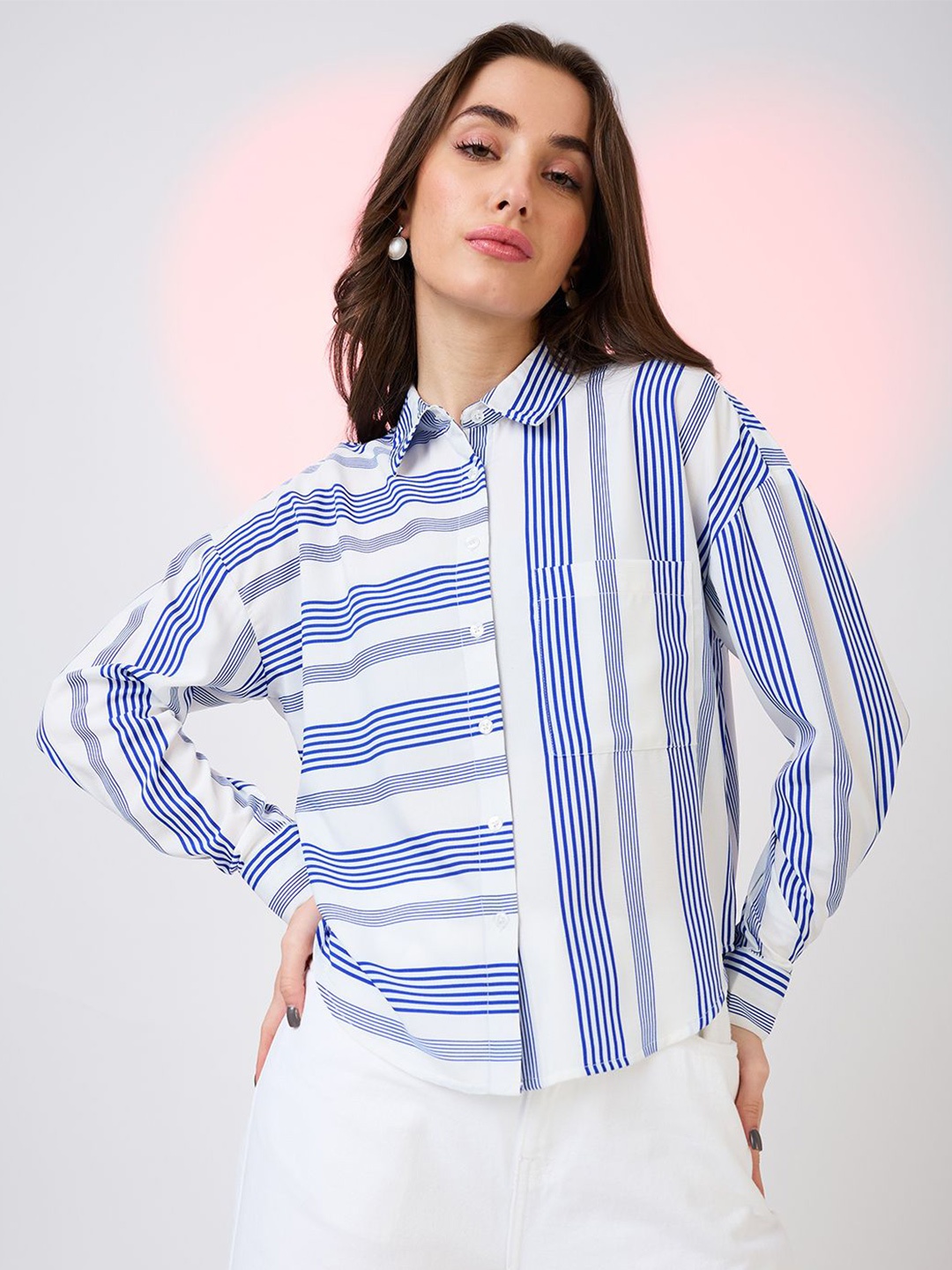 

Globus Collared Neck Cuffed Sleeves Striped Pattern Shirt Style Work Wear Top, White