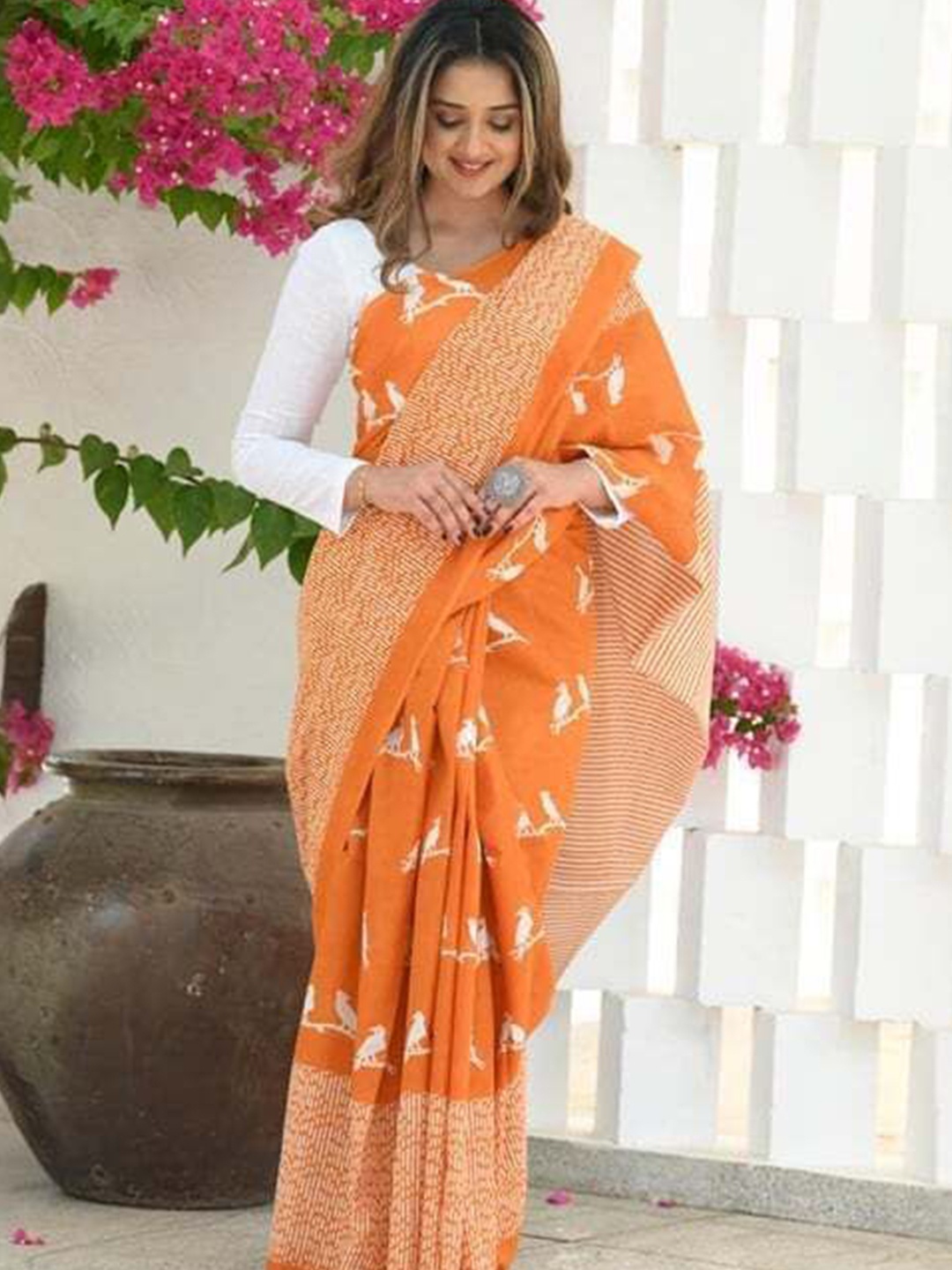 

bansari textiles Printed Zari Banarasi Saree, Orange