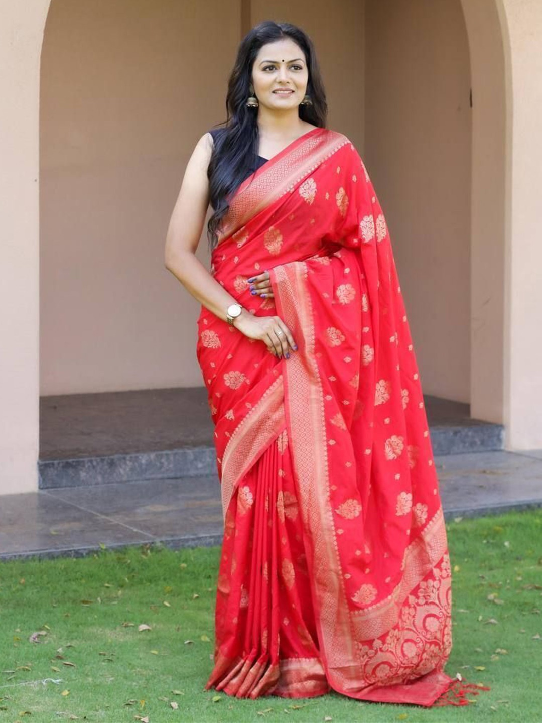 

bansari textiles Woven Design Zari Pure Silk Kanjeevaram Saree, Red