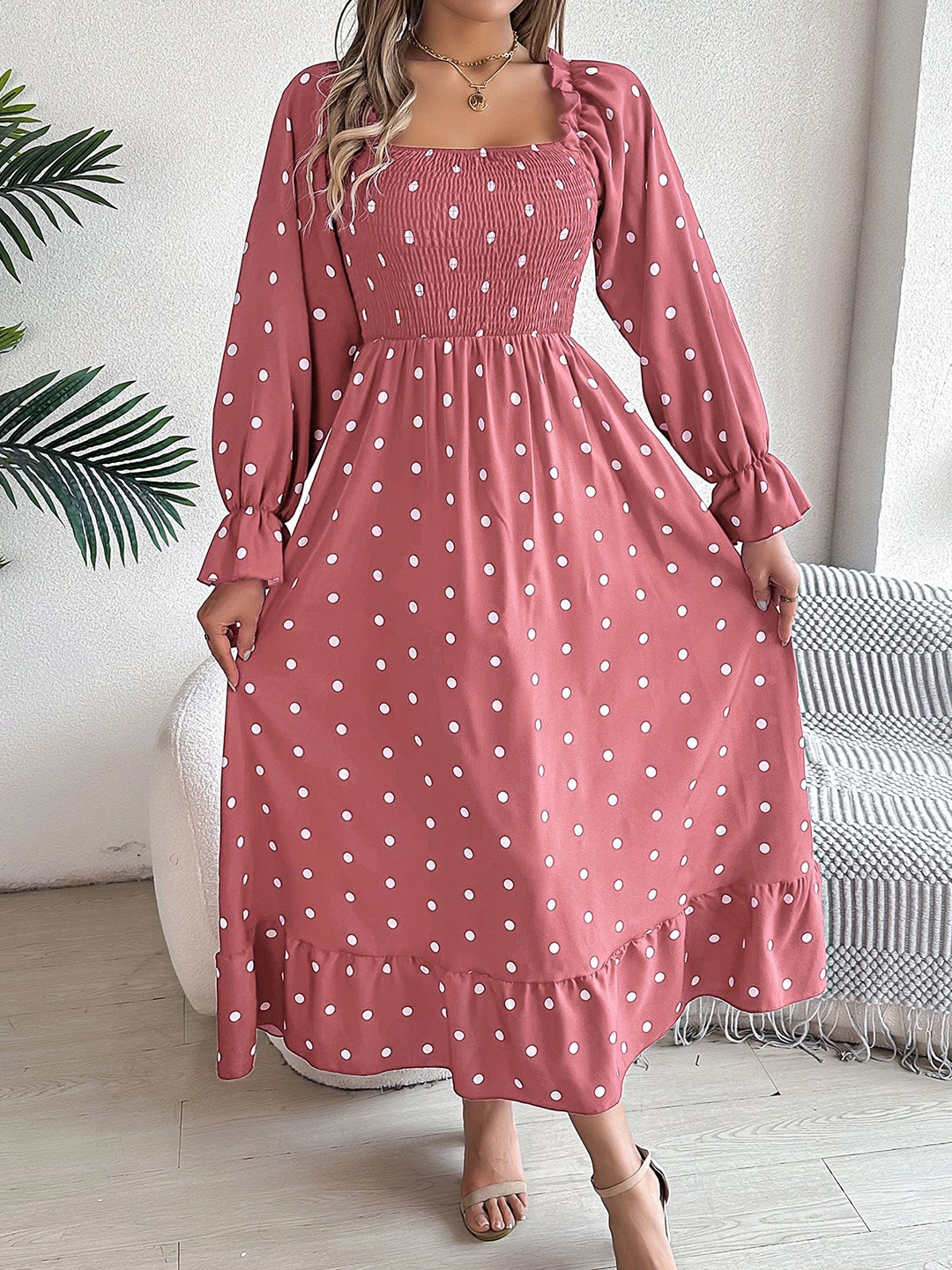 

StyleCast x Revolte Polka Dot Print Chiffon Fit & Flare Midi Dress, Pink