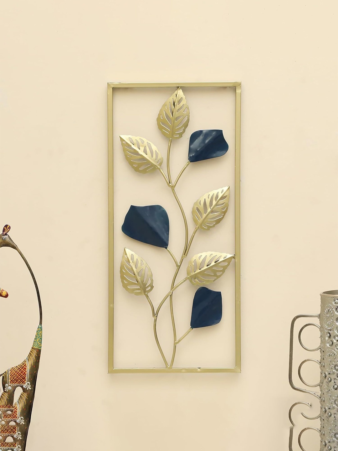 

vedas W-Namons Gold-Toned & Blue Rectangular Leaf Wall Hanging