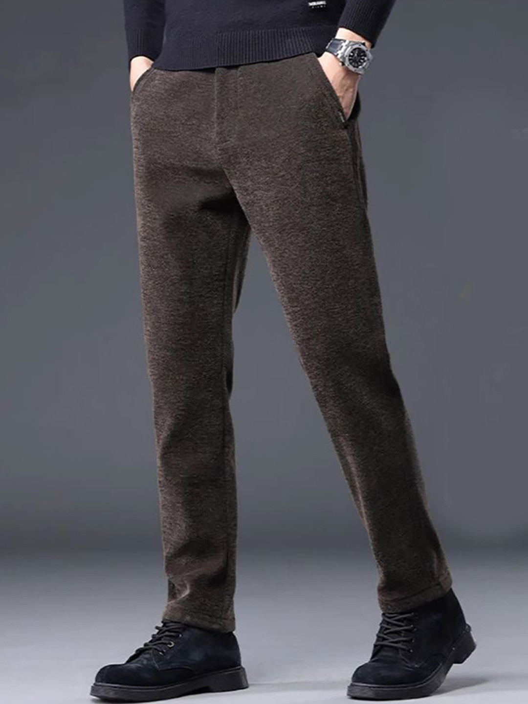 

StyleCast x Revolte Men Slim Fit Easy Wash Trousers, Coffee brown