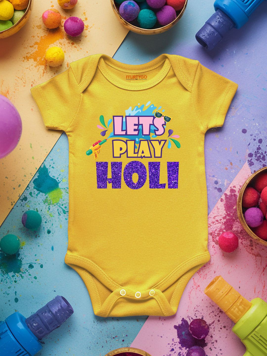 

FFLIRTYGO Infants Holi Printed Cotton Bodysuit, Yellow