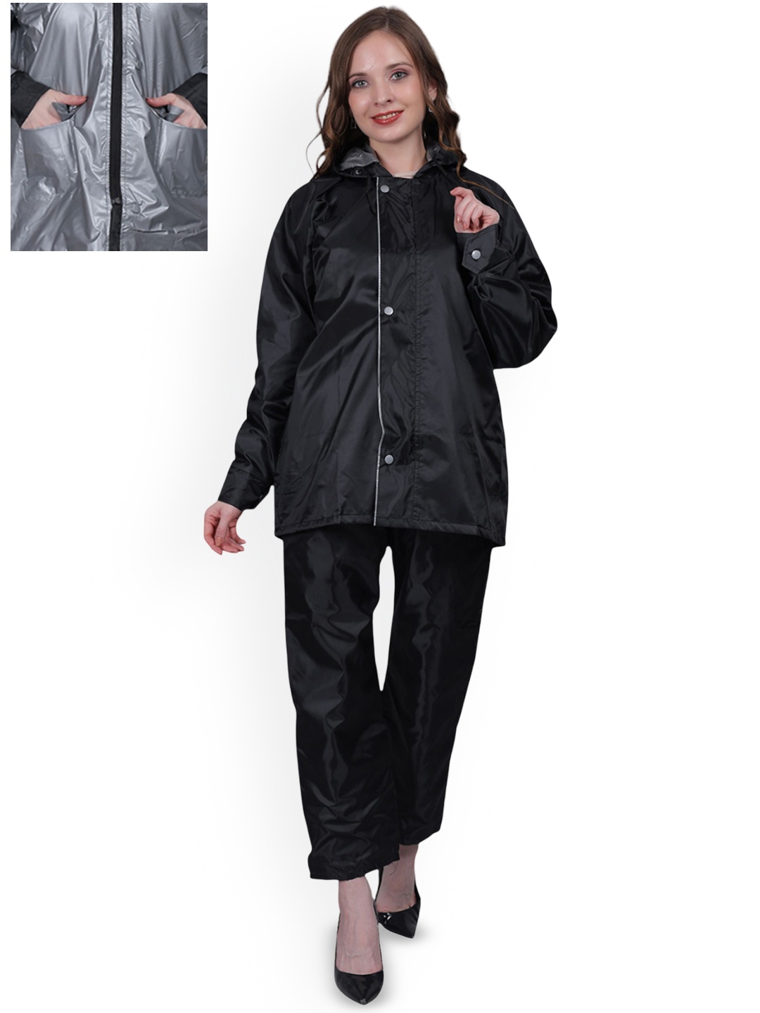 

YOUTH ROBE Women Hooded Reversible Rain Suit, Black