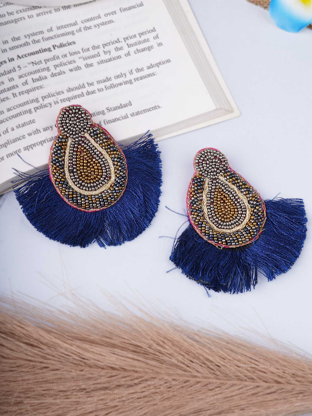 

Sangria Blue Gold-Plated Artificial Beads Studded Teardrop Shaped Drop Earrings