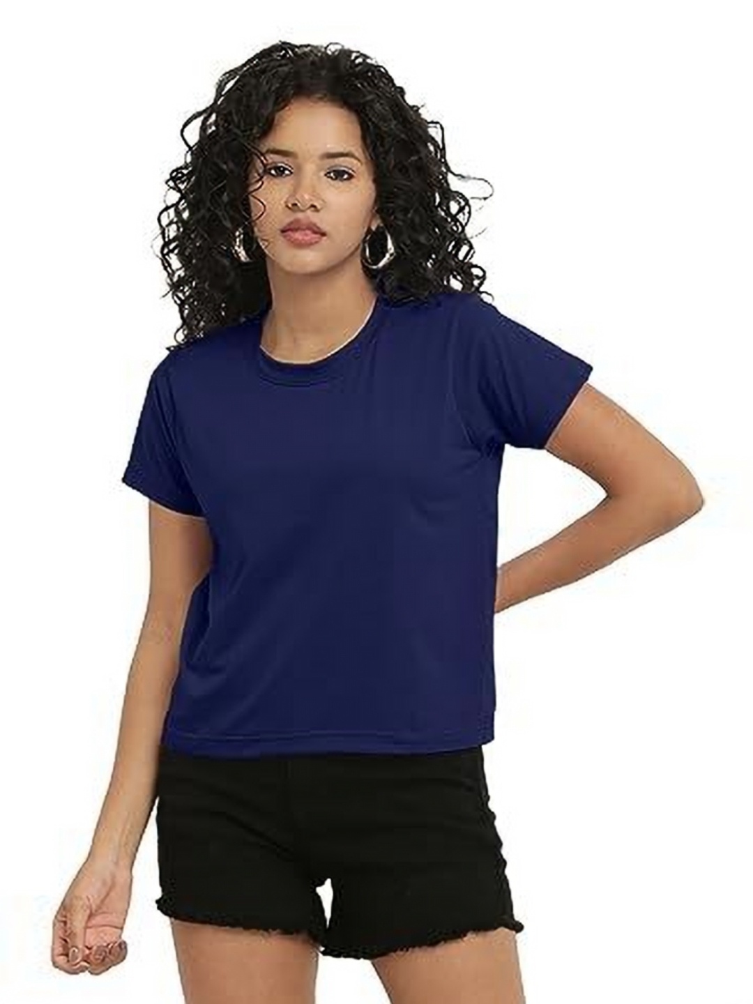 

NOTWILD Women Solid Round Neck Cotton T-shirt, Navy blue