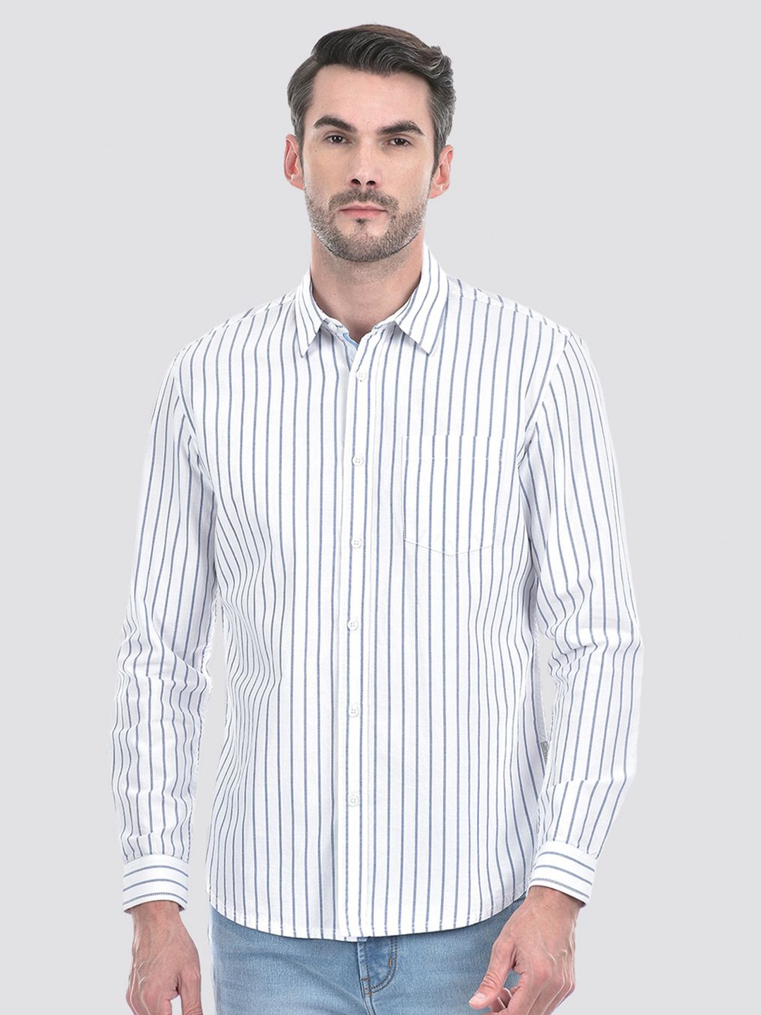

Numero Uno Men Slim Fit Spread Collar Vertical Striped Cotton Casual Shirt, White