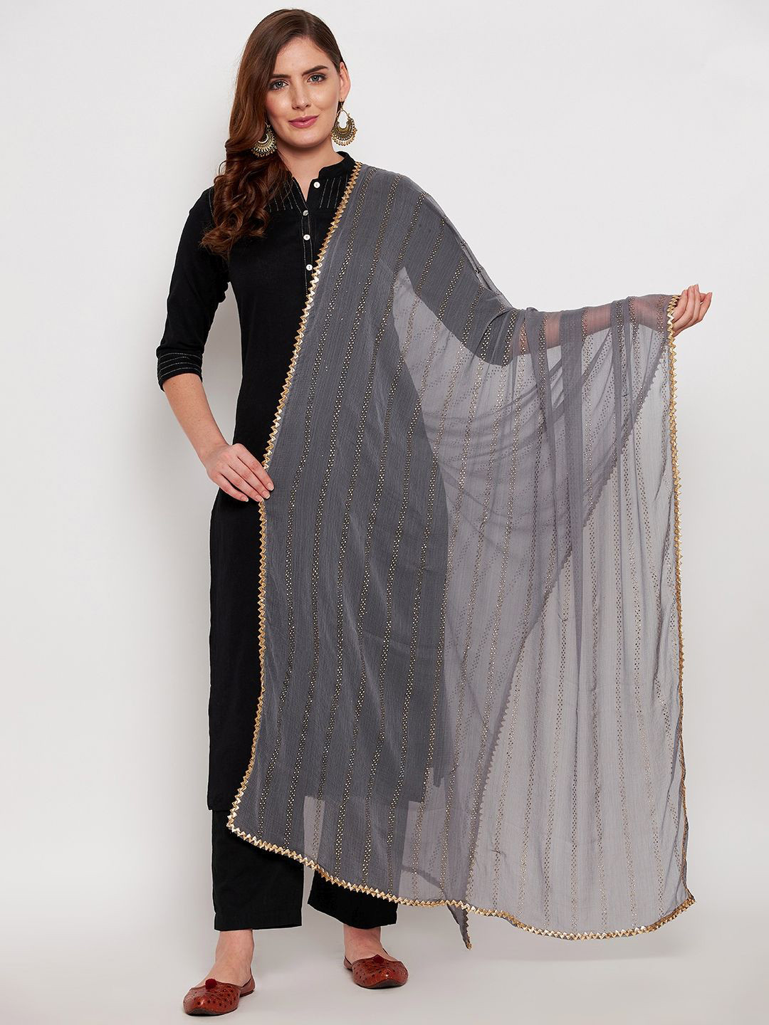 

Clora Creation Striped Dupatta With Gotta Patti, Grey