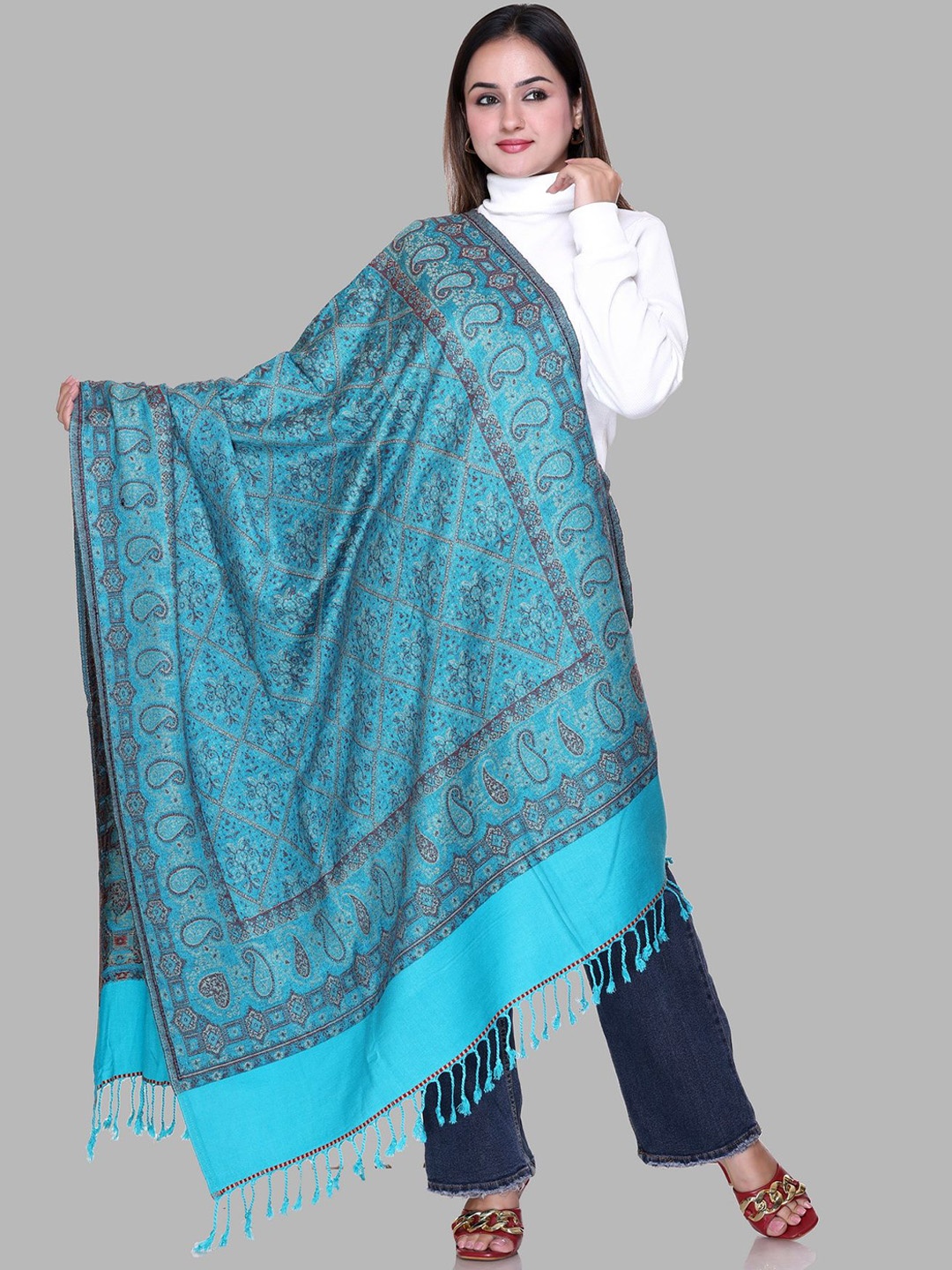 

Tones-N-Shades Ethnic Motifs Woven Design Woollen Shawl, Blue