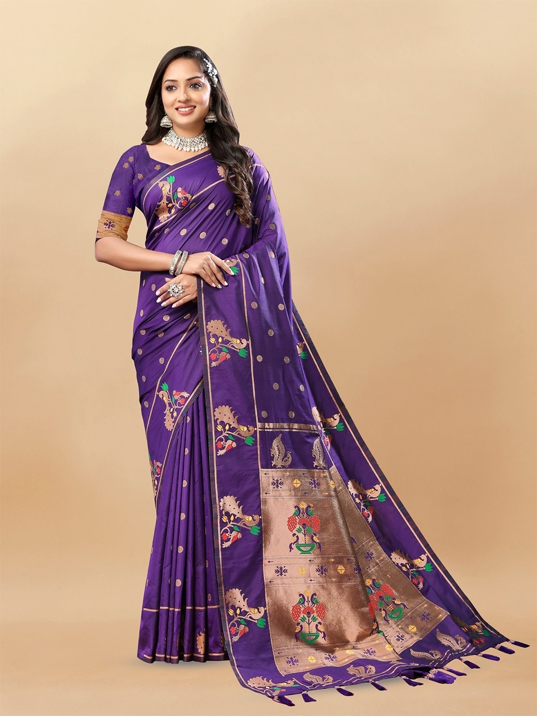 

bansari textiles Woven Design Paithani Saree, Magenta