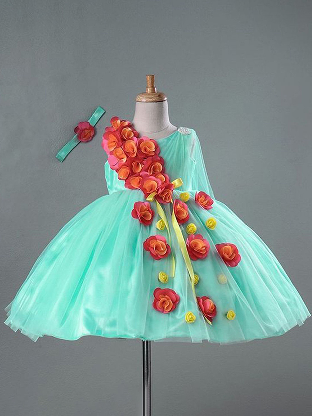 

Li & Li Boutique Girls Pastel Aqua Blue Saree Flower Frock, Turquoise blue